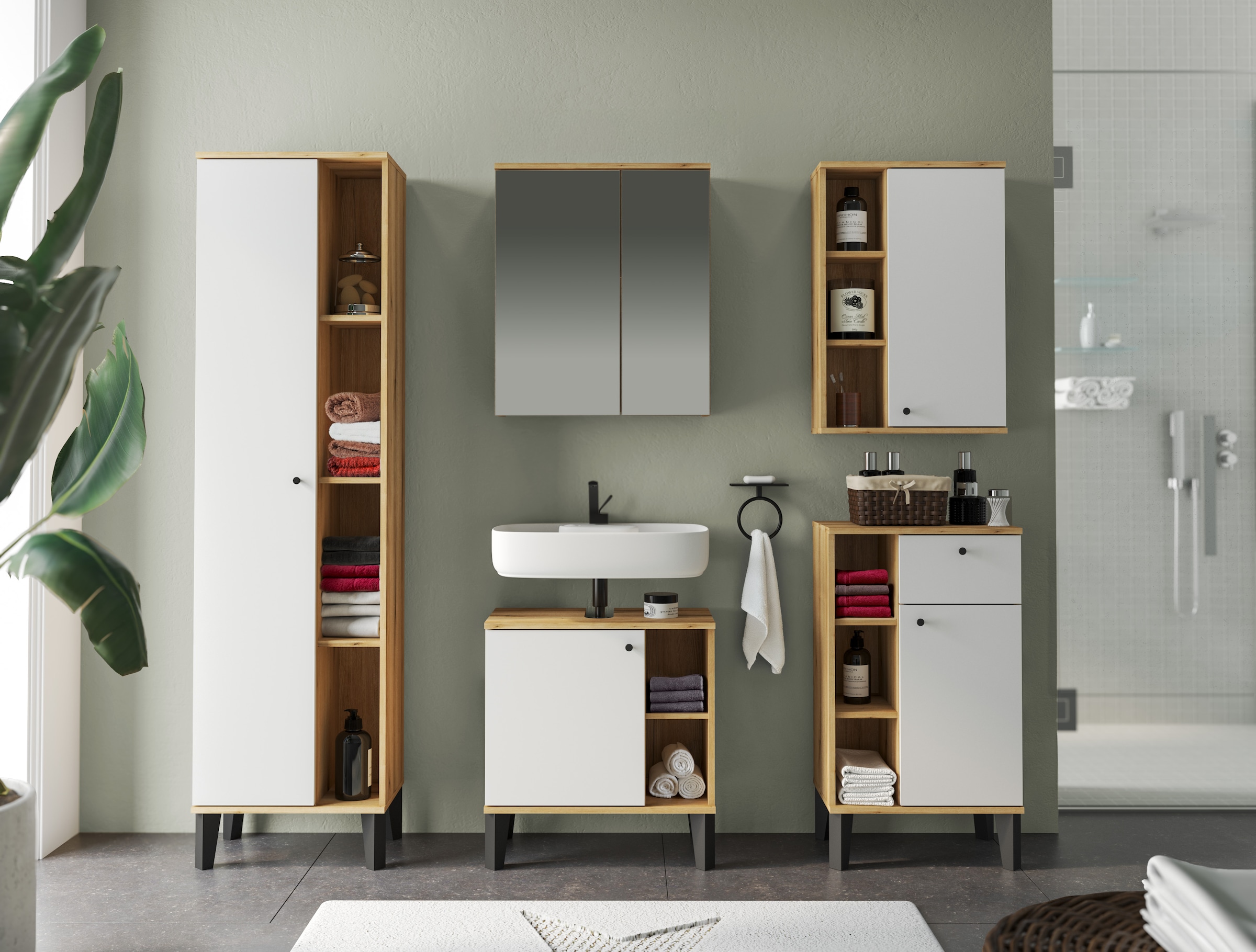 INOSIGN Midischrank »Oslo, Badschrank mit Knopfgriff, Schrank im skandinavischen Design«, in der Türfarbe Weiß oder Grau verfügbar, ausreichend Stauraum