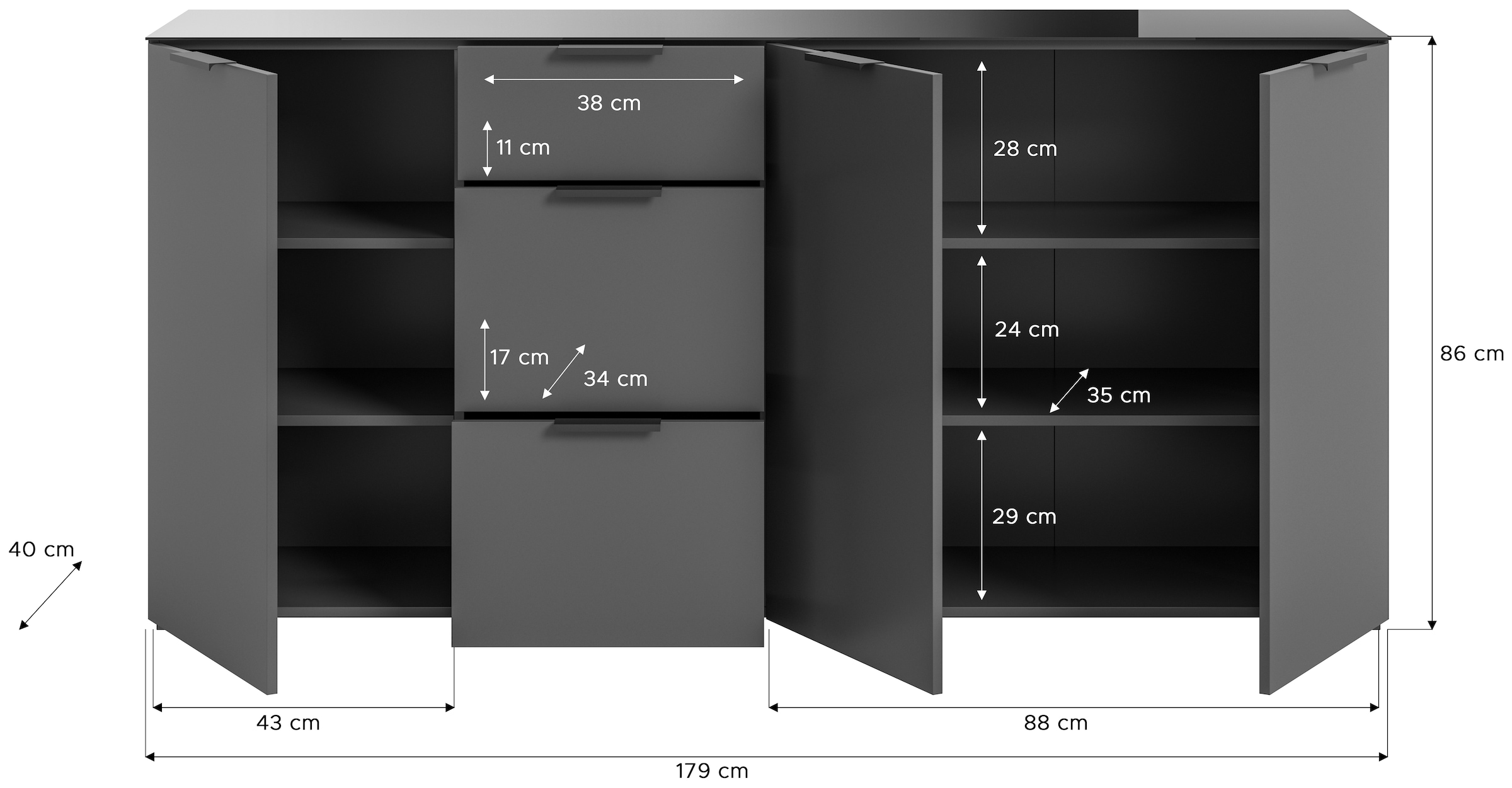 INOSIGN Sideboard »Raio, Breite 179 cm, 3 Türen, 3 Schubkästen, Oberboden mit Glasplatte«, Anrichte, Kommode, Schrank