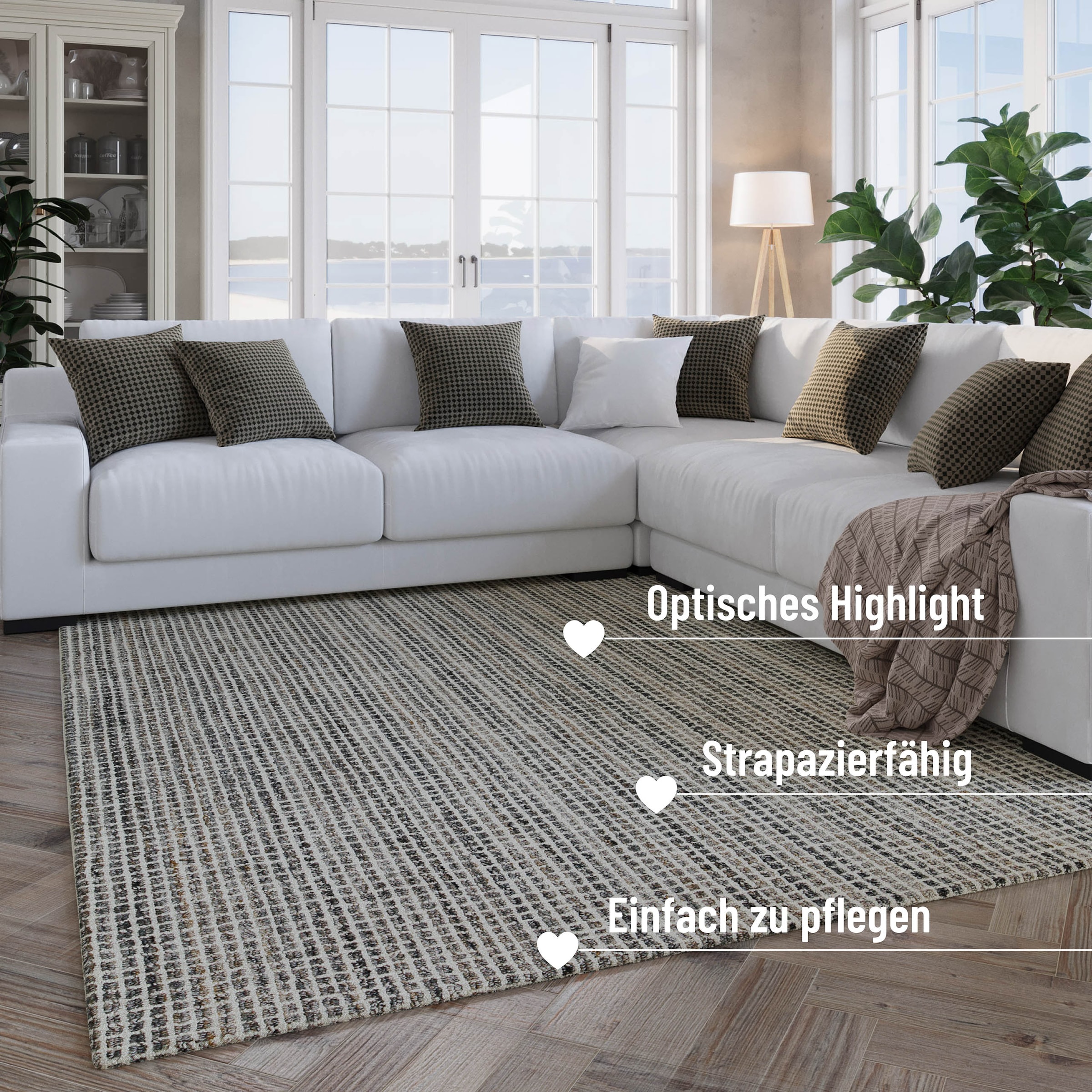 Wecon home Teppich »Hamptons FOURTEEN«, rund, 10 mm Höhe, Fasermix, Kurzflor, Wohnzimmer, Schlafzimmer, elegant, Karo-Muster