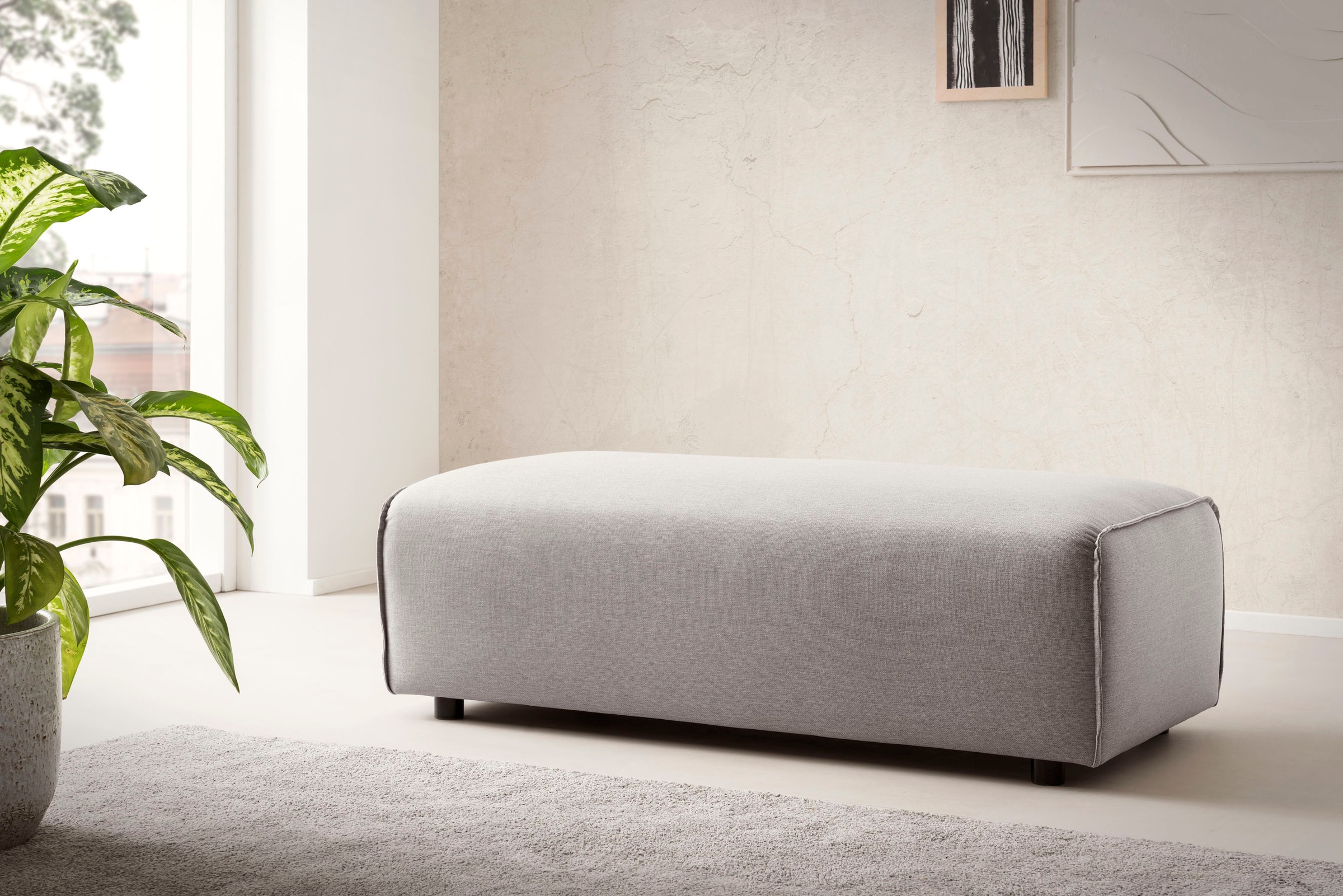 LeGer Home by Lena Gercke Hocker »PIARA, Polsterhocker mit Kedernaht, Cord, Leinenoptik o. Strukturstoff«, zur Serie PIARA, rechteckig, schwarze Füße, bequemer Sitzkomfort