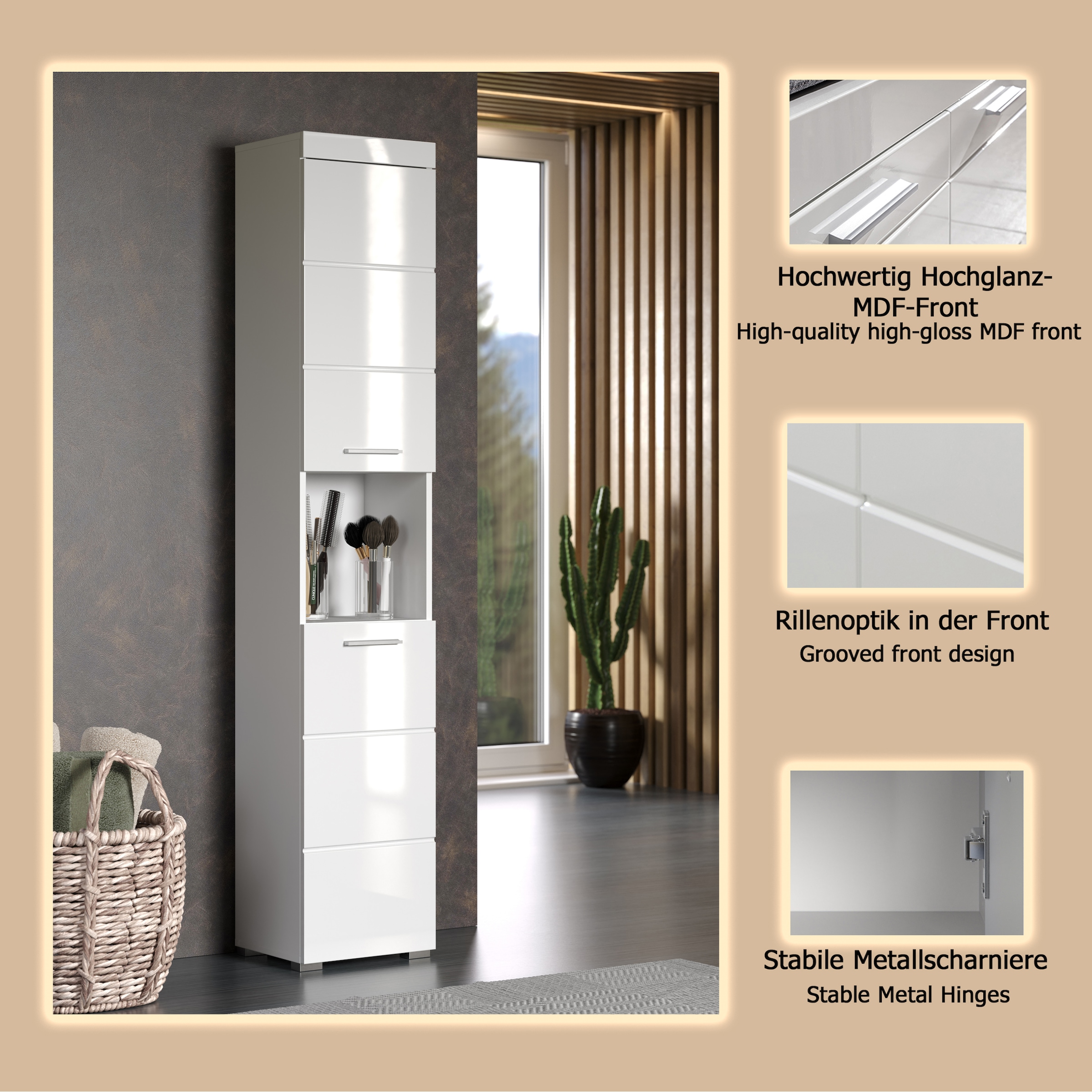 welltime Hochschrank »Avena«, Badschrank mit 2 Türen & 1 Fach - (B/T/H) 37/31/190 cm