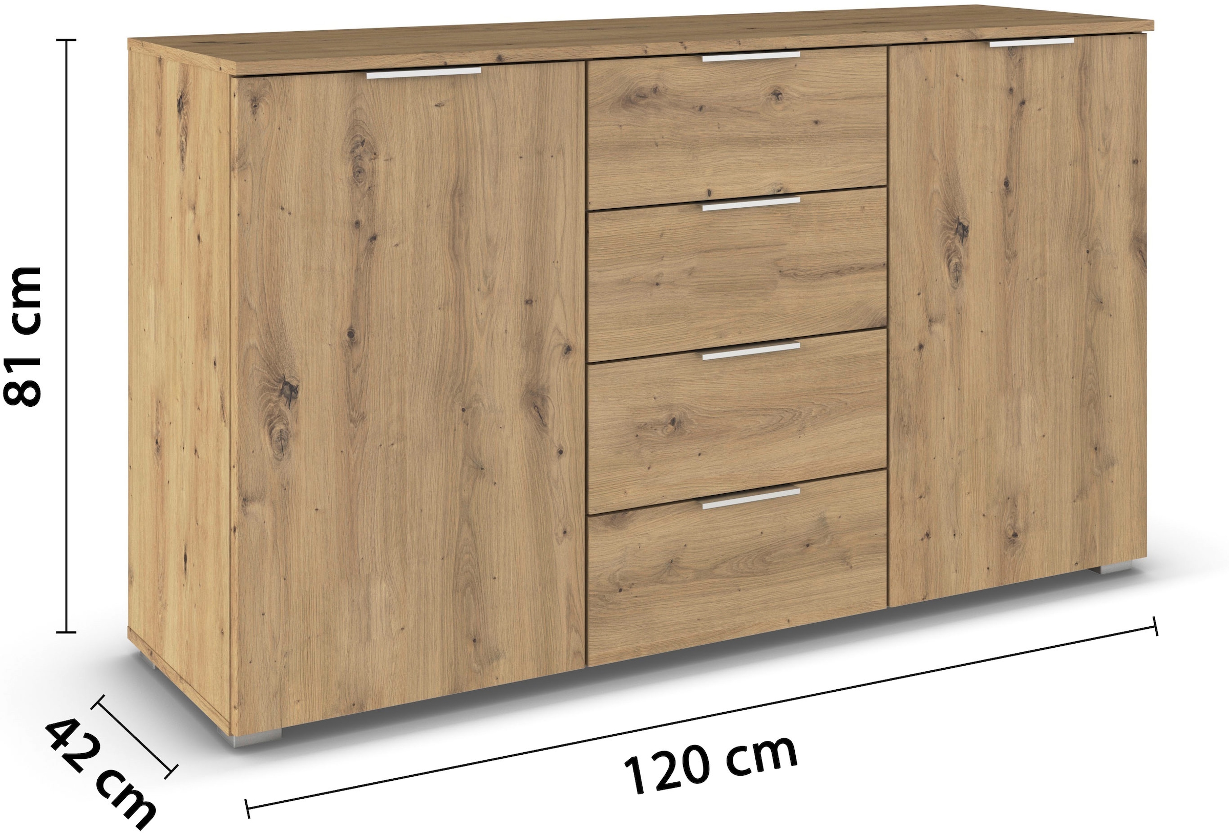 OTTO home Kombikommode »Sideboard Schubladenkommode AGORDO mit Dekor- oder Hochglanzfront« in zwei Griff-Farben, Breite 120 cm,  vier große Schubladen, mit insgesamt 4 Einlegeböden MADE IN GERMANY