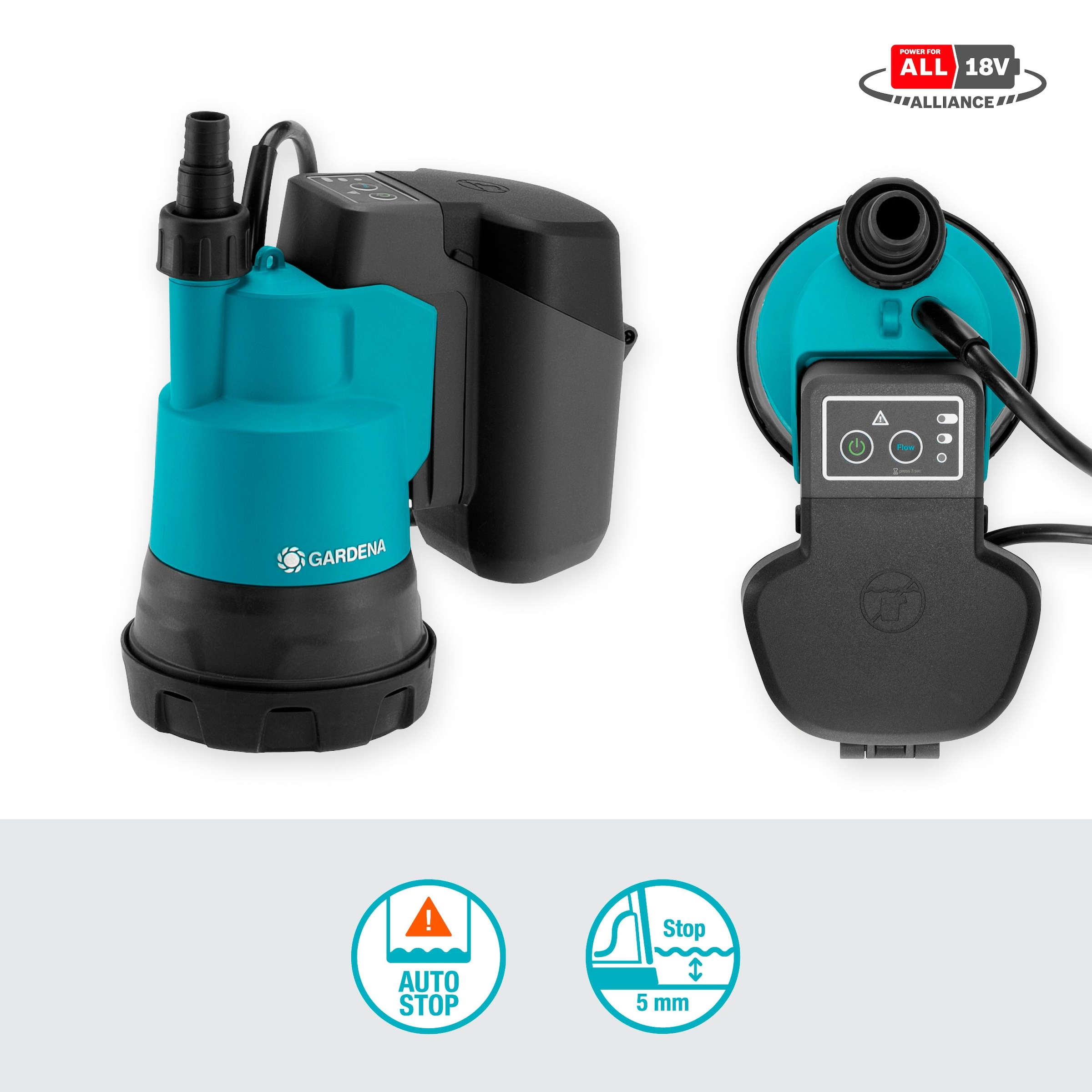 GARDENA Klarwasserpumpe »2000/2 18V P4A Ready-To-Use Set« inkl. Akku und Ladegerät