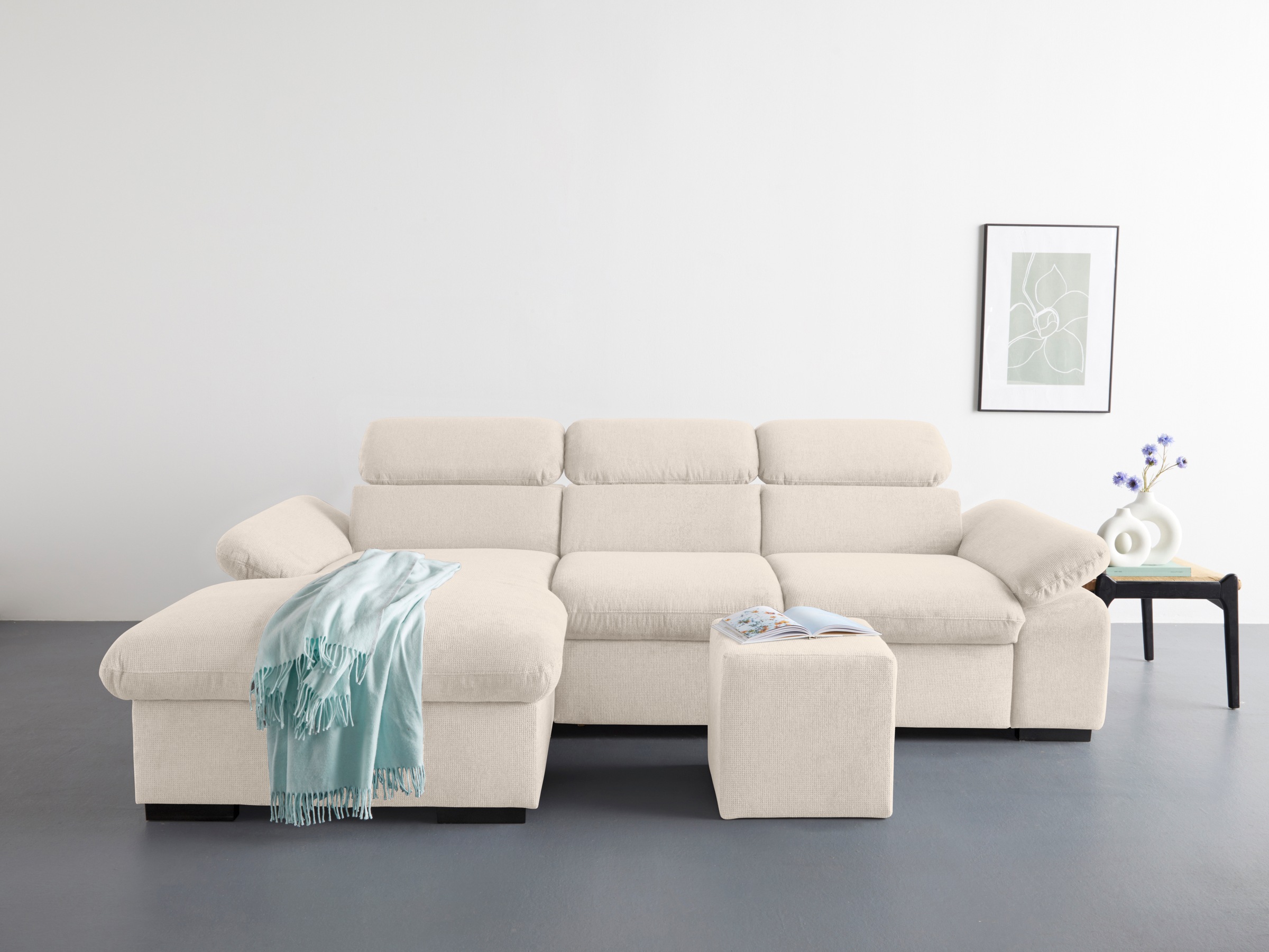 COTTA Ecksofa »Lola L-Form mit Kopfteilfunktion & Hocker«, (Set, mit Hocker), wahlweise mit Bettfunktion, Bettkasten & Armteilverstellung