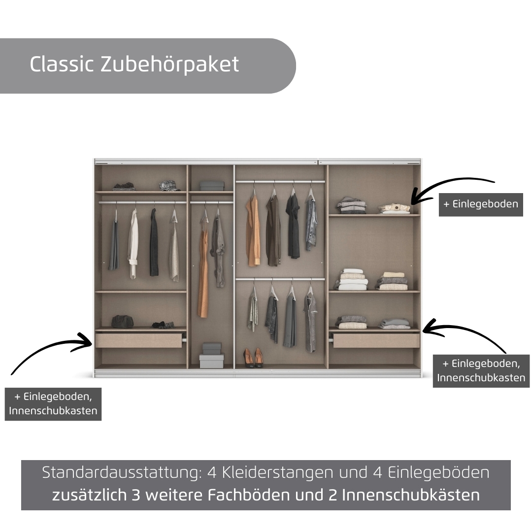 rauch Kleiderschrank »Schwebetürenschrank OTTO´s Choice Garderobe Schrank TOP ANGEBOT Avola«, (in 3 verschiedenen Ausstattungen BASIC/CLASSIC/PREMIUM), mit eleganten Zierleisten in Chrom, Schwarz oder Weiß MADE IN GERMANY