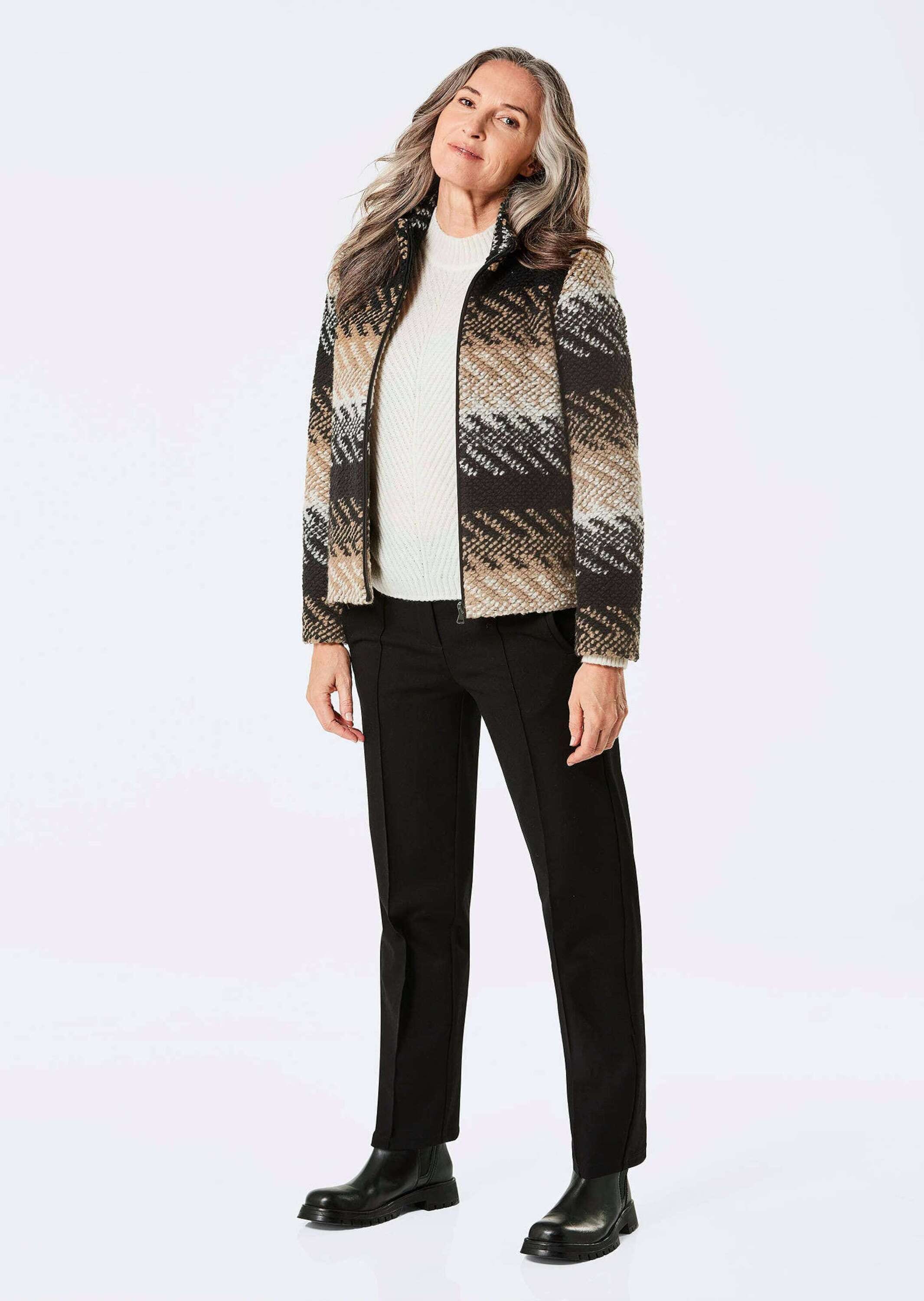 GOLDNER Kurzjacke »Gerade Herbstjacke, Blockstreifen« Kontrastfarbiger Jerseypaspel an Reißverschluss