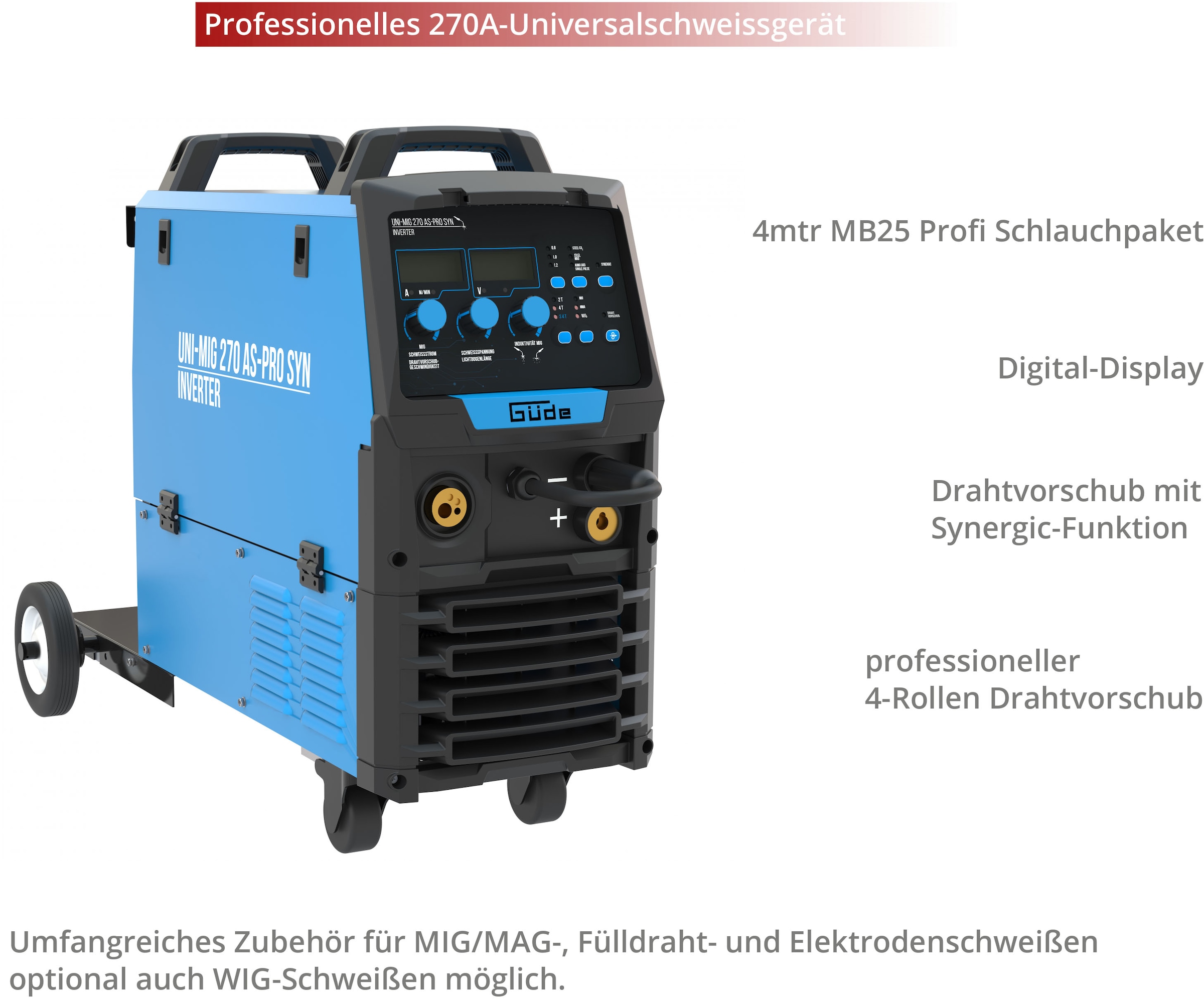 Güde Inverterschweißgerät »Universalschweissgerät »Uni-Mig 270 AS-Pro SYN«« pulverbeschichtetem Stahlblech