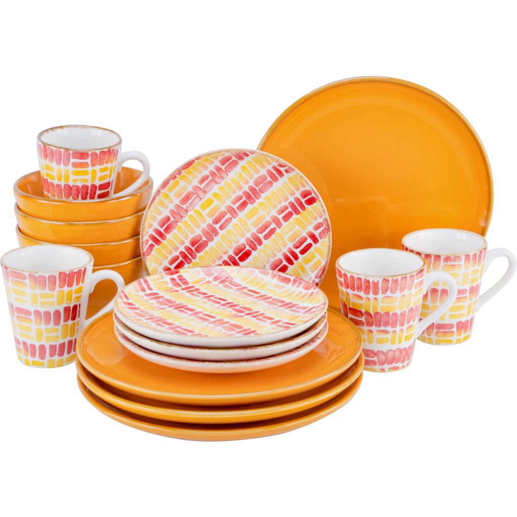 CreaTable Kombiservice »Geschirr-Set Marbella«, (Set, 16 tlg., Kaffeeservice und Tafelservice im Set, für 4 Personen), Service, südländisches Dekor, Made in Europe, 16 Teile, für 4 Personen