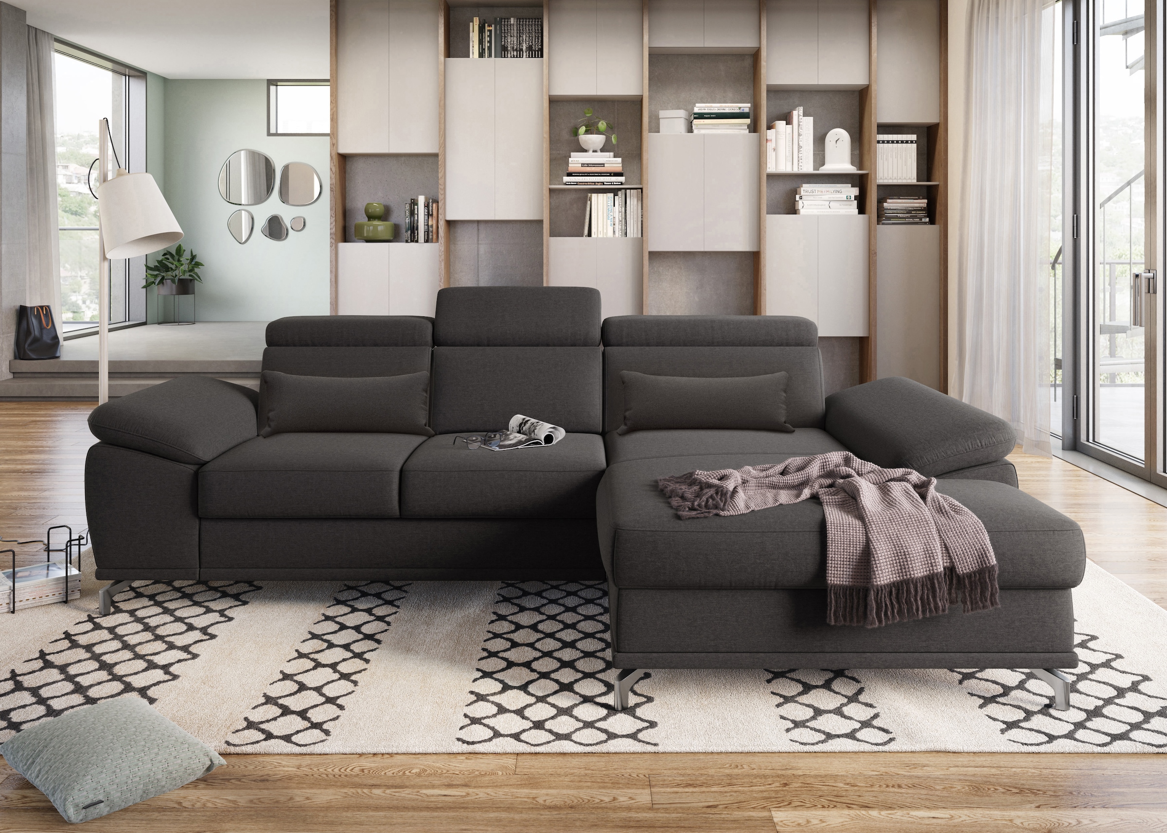 sit&more Ecksofa »Cabrio L-Form, mit Sitztiefenverstellung, Arm- und Kopfteilverstellung«, 2 Nierenkissen, Federkern, optional Bettfunktion und Stauraum