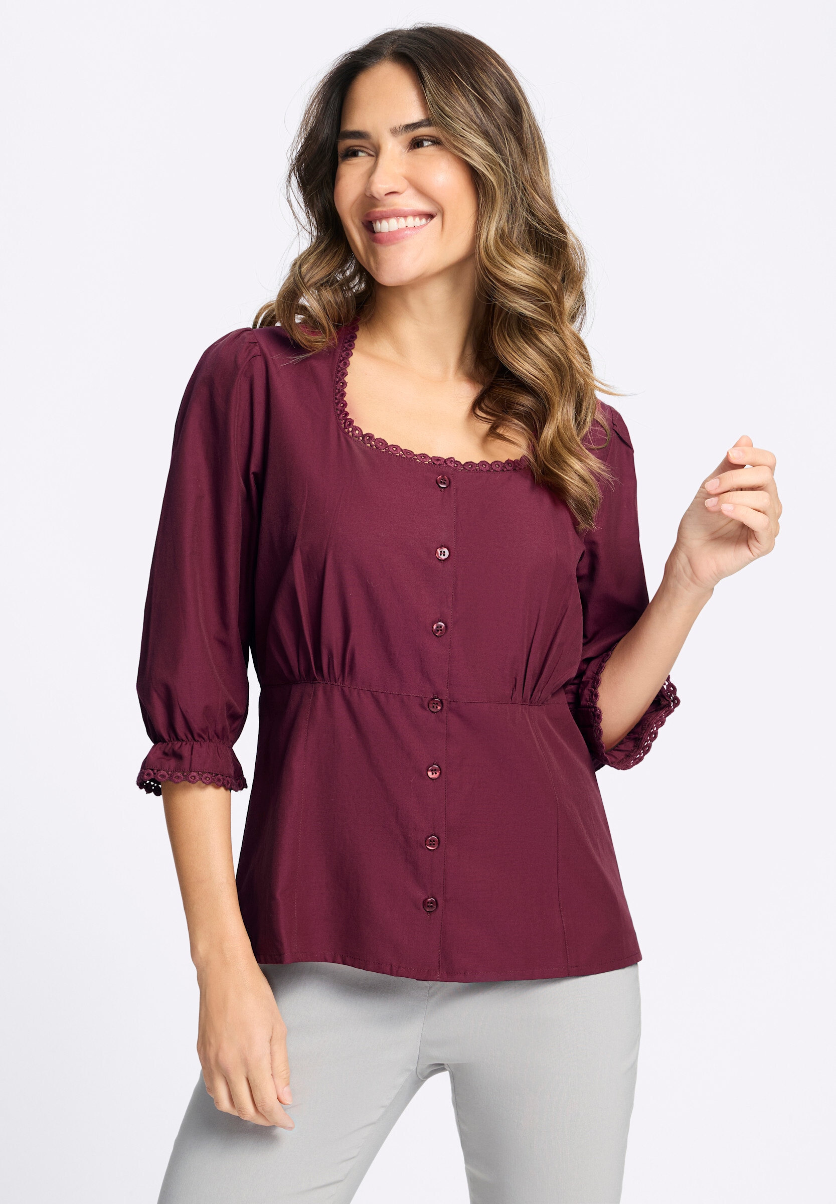 Sieh an! Trachtenbluse »3/4-Arm-Bluse Trachtenbluse mit 3/4-langen Puffärmeln«