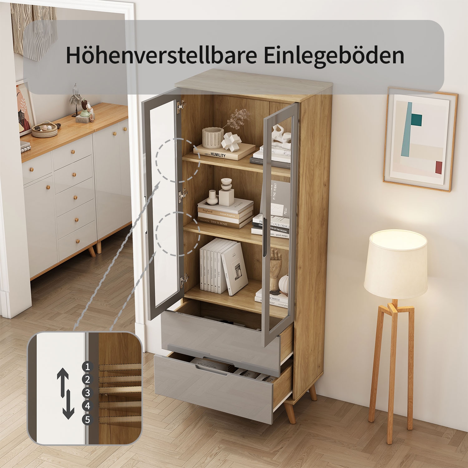 OTTO home Highboard »Lund« mit glänzenden Fronten, Glastüren, helles Holzdekor, Breite 70 cm