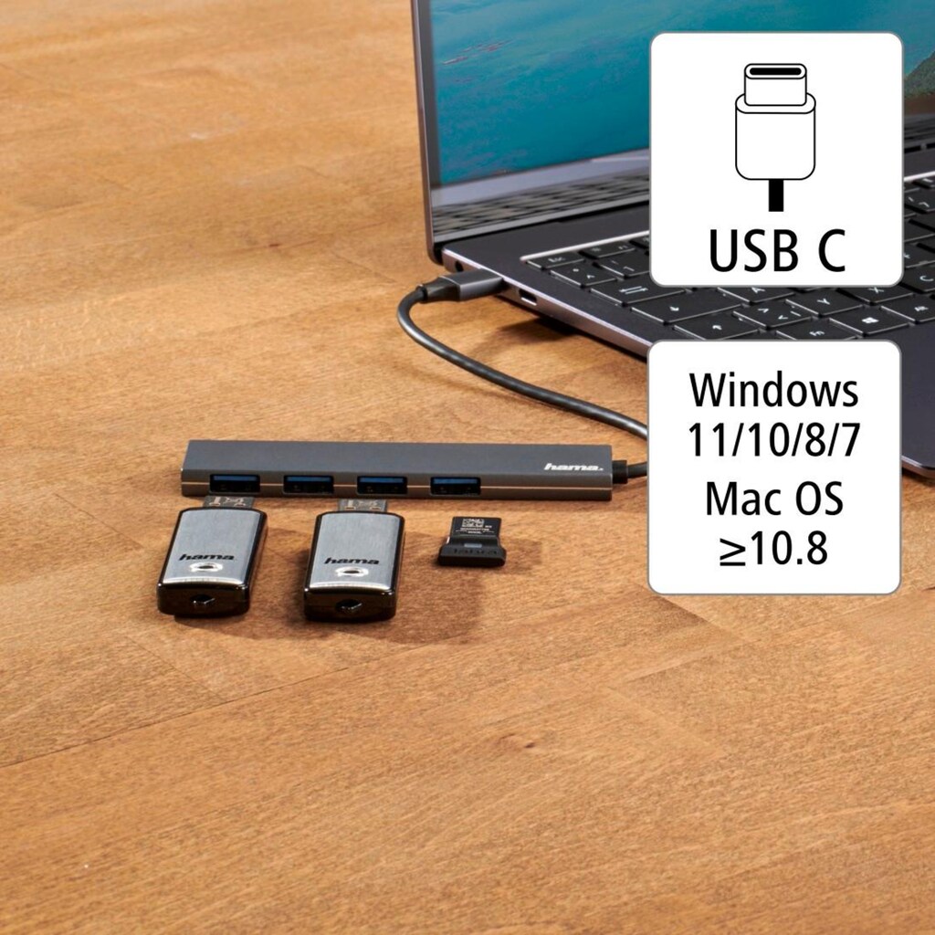 Hama USB-Adapter »USB-C-Hub, 4 Ports, USB 3.2 Gen1, 5 Gbit/s, Alu, Ultra Slim USB-Hub«, USB-C zu USB Typ A, 15 cm