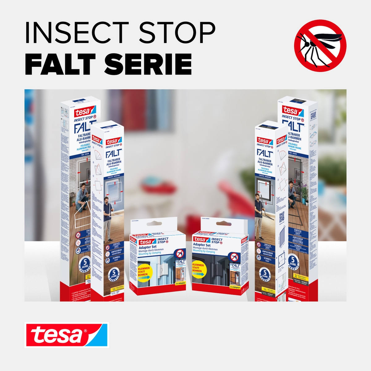 tesa Insektenschutz-Fensterrahmen »Insect Stop Falt Fliegengitter für Fenster - min 0,8 m bis max. 1,4 m«, Mückenschutz-verstellbarem Rahmen aus Aluminium-ohne bohren