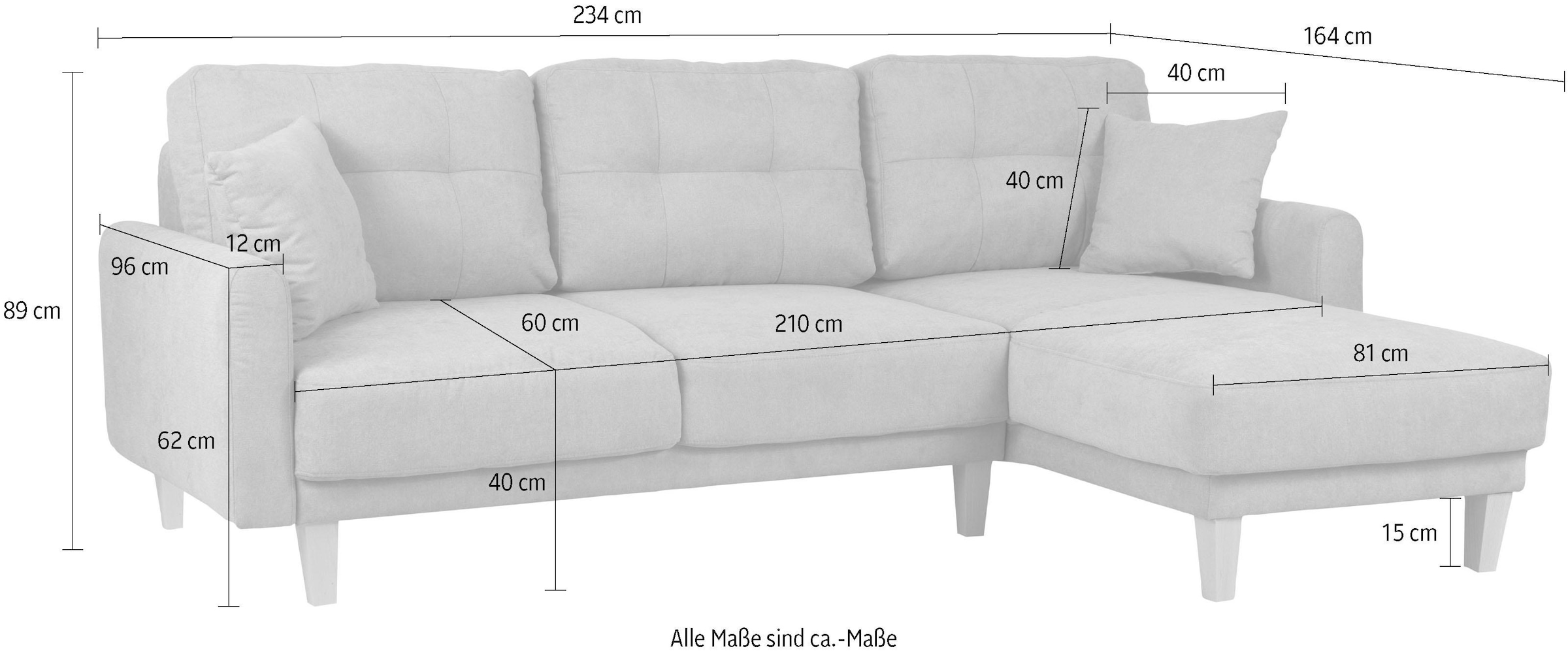 Home affaire Ecksofa »TRIPLO optionale Schlafsofa mit Bettkasten, Maße B/T/H: 234/164/89 cm«, L-Form wahlweise mit Bettfunktion - Liegefläche 132x210 cm