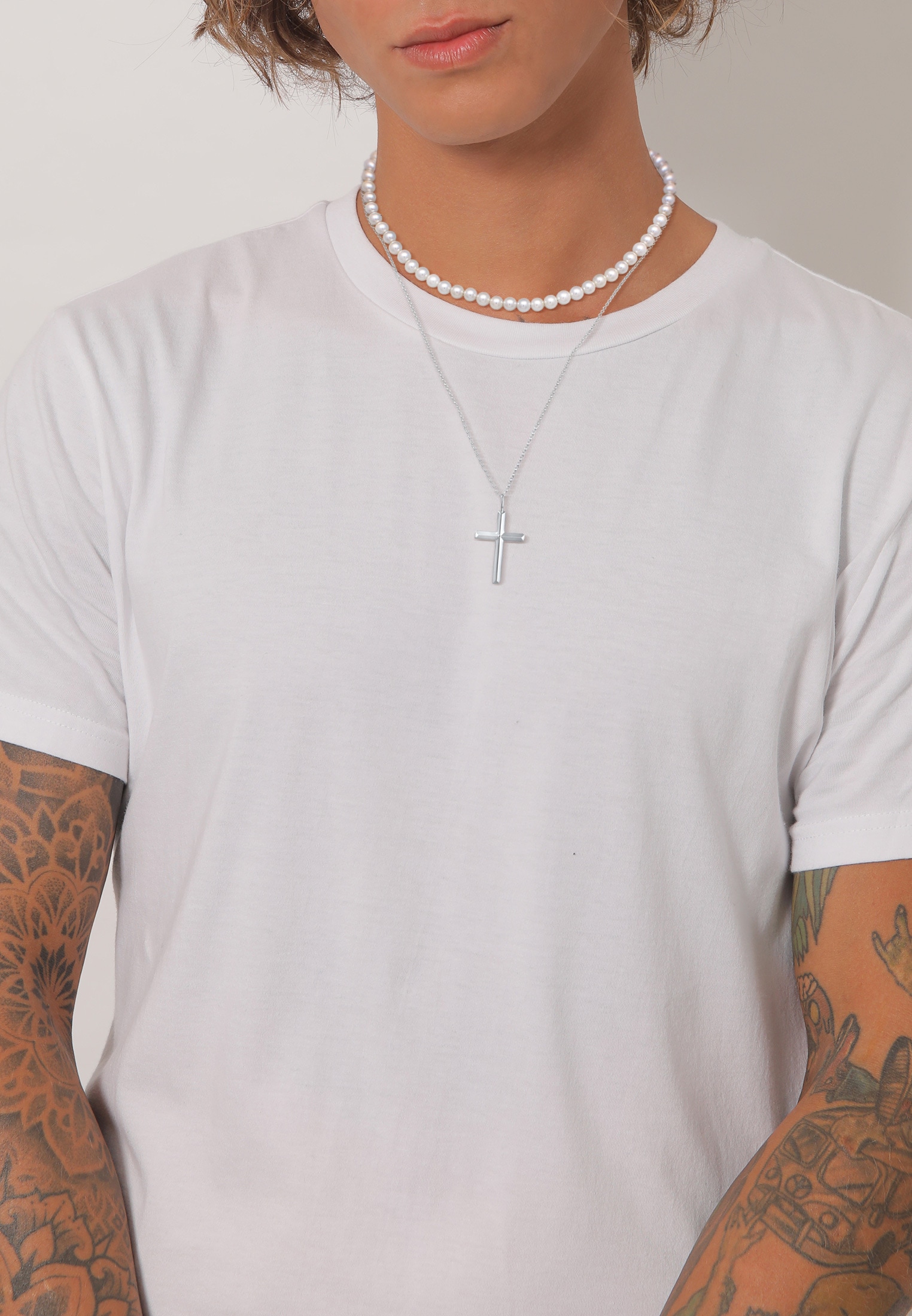 Kuzzoi Kette mit Anhänger »Halskette Muschelkernperlen Kreuz Klassik 2er Set 925 Silber«