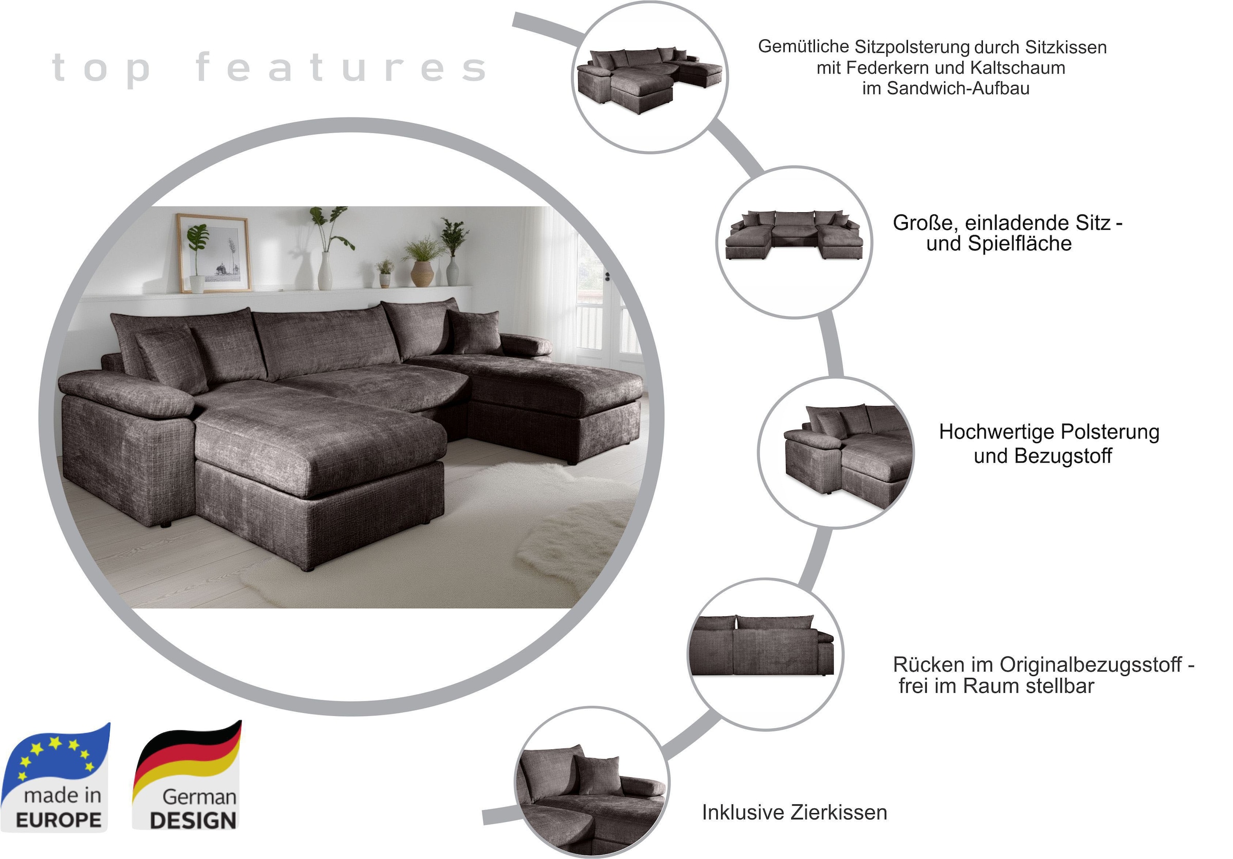 OTTO home Wohnlandschaft »Cosy U-From Breite 309 cm, Sitzaufbau im Sandwich-Federkern« Bezüge in Cord oder Struktur weich wählbar mit Kaltschaumauflage