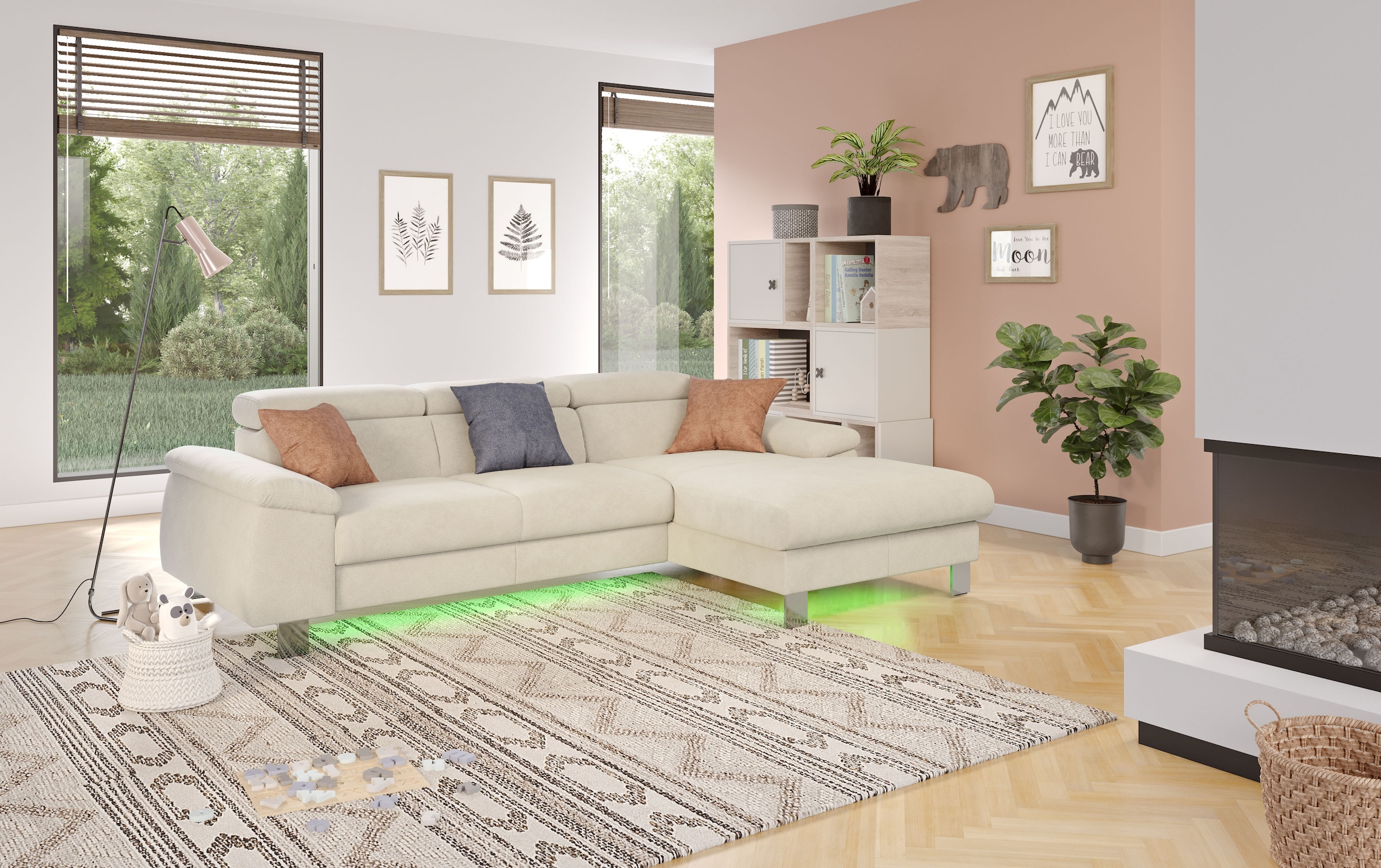 COTTA Ecksofa Komaris, Ecksofa, wahlweise mit RGB-LED-Beleuchtung und Bettfunktion/Bettkasten
