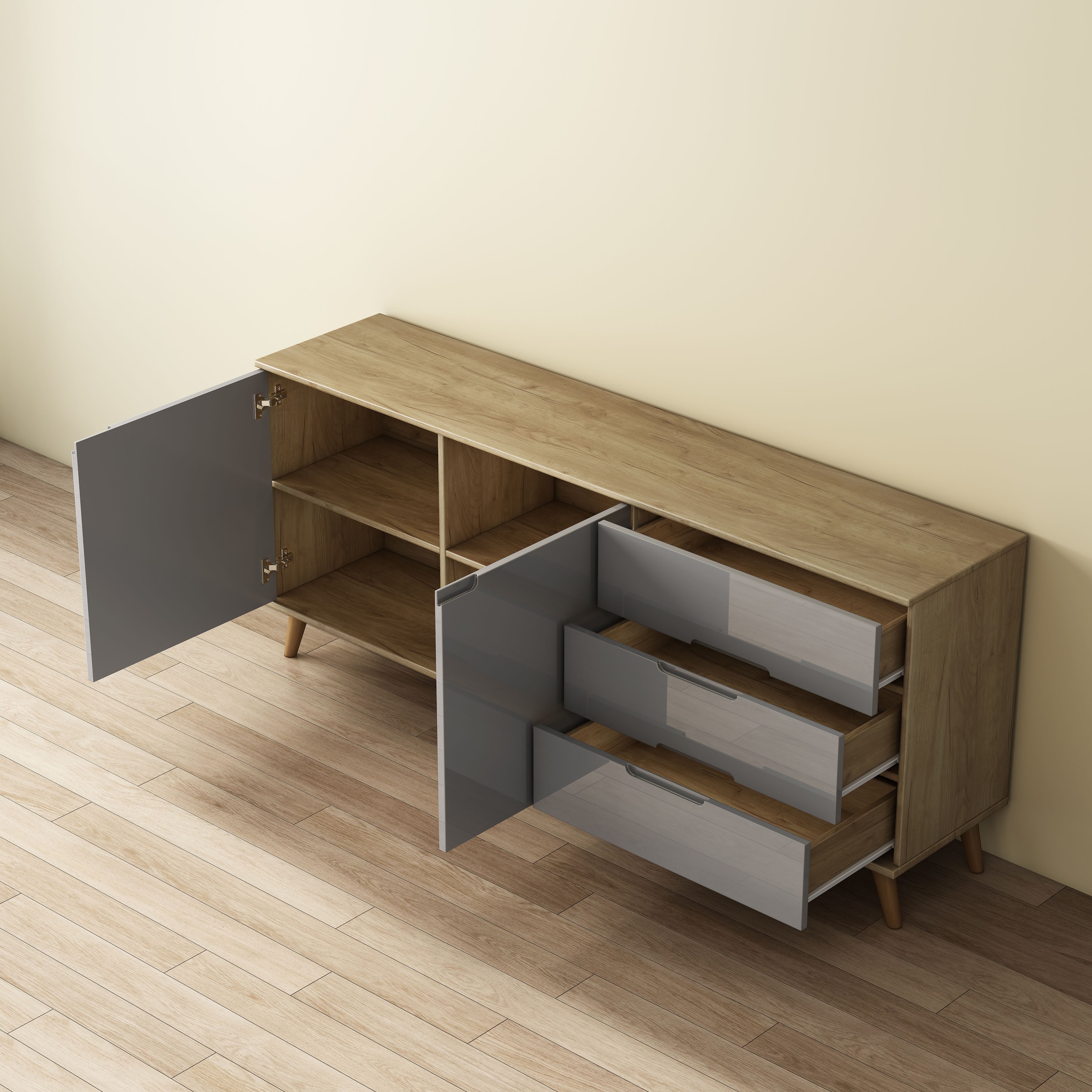 OTTO home Sideboard »Lund« mit glänzenden Fronten, Griffmulden, helles Holzdekor, Breite 180 cm