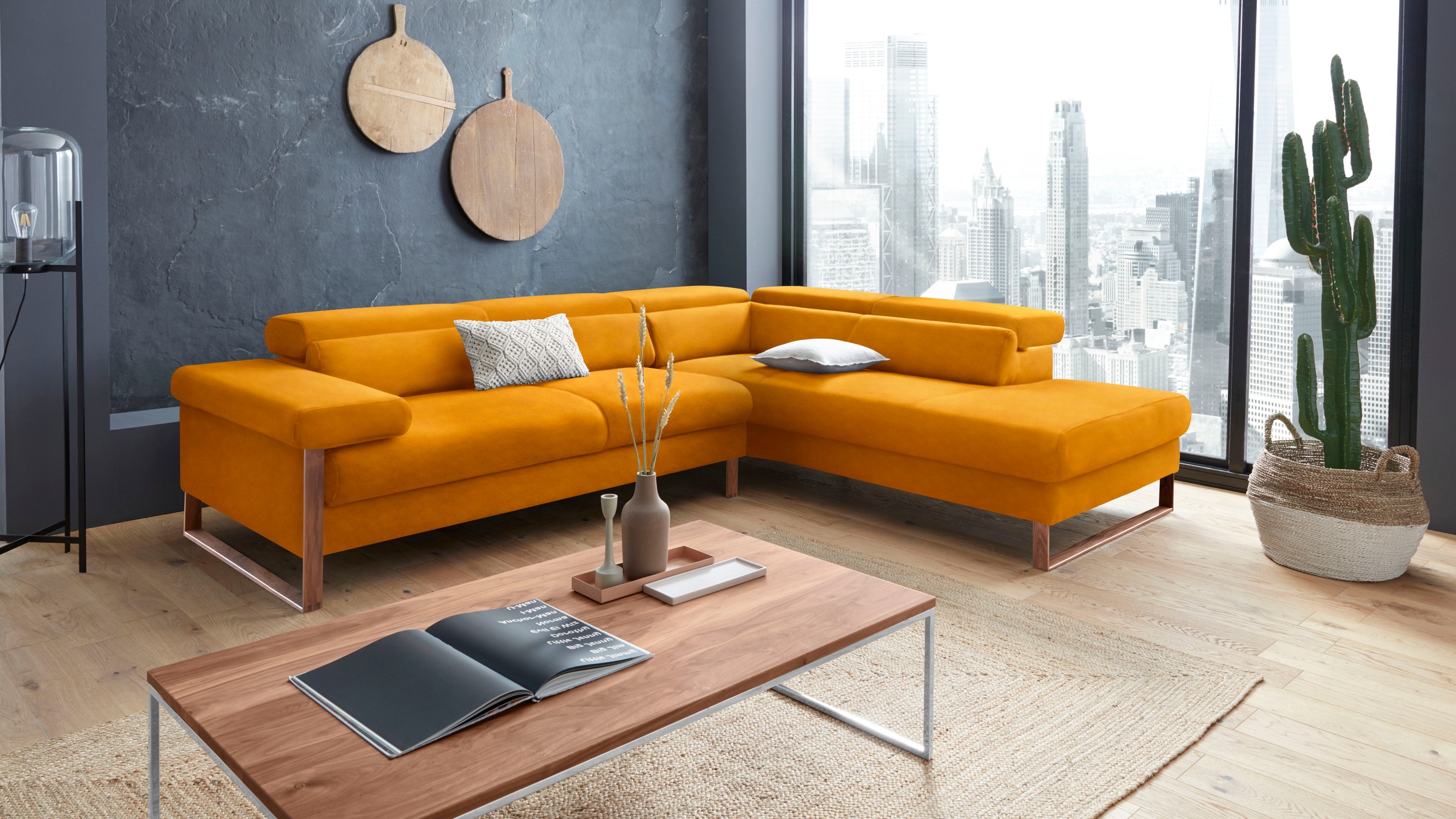 W.SCHILLIG Ecksofa »finn, Designsofa mit tollem Sitzkomfort, bequem, L-Form«, German Design Award 2016, Fußgestell Nussbaum natur, Breite 281 cm