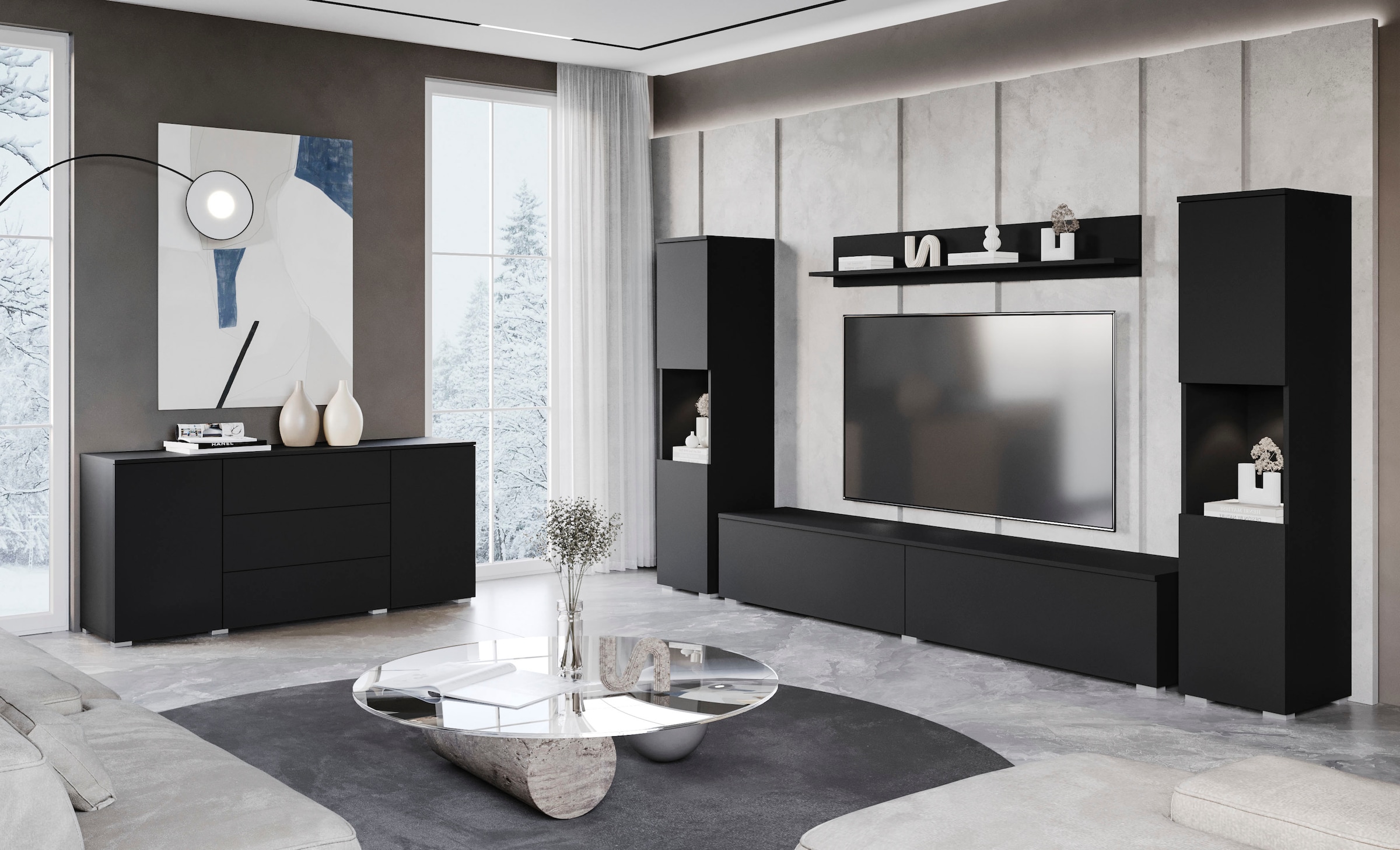 INOSIGN Wohnwand »PARIS, Vitrine Türanschlag links/rechts wechselbar«, (Komplett-Set, 4 St.), grifflose Design, stehend und hängend montierbar