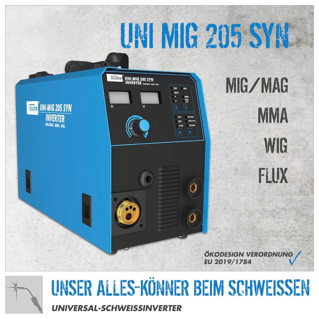 Güde Inverterschweißgerät »Universalschweissgerät »Uni-Mig 205 SYN««, (Komplett-Set, 13 tlg.)