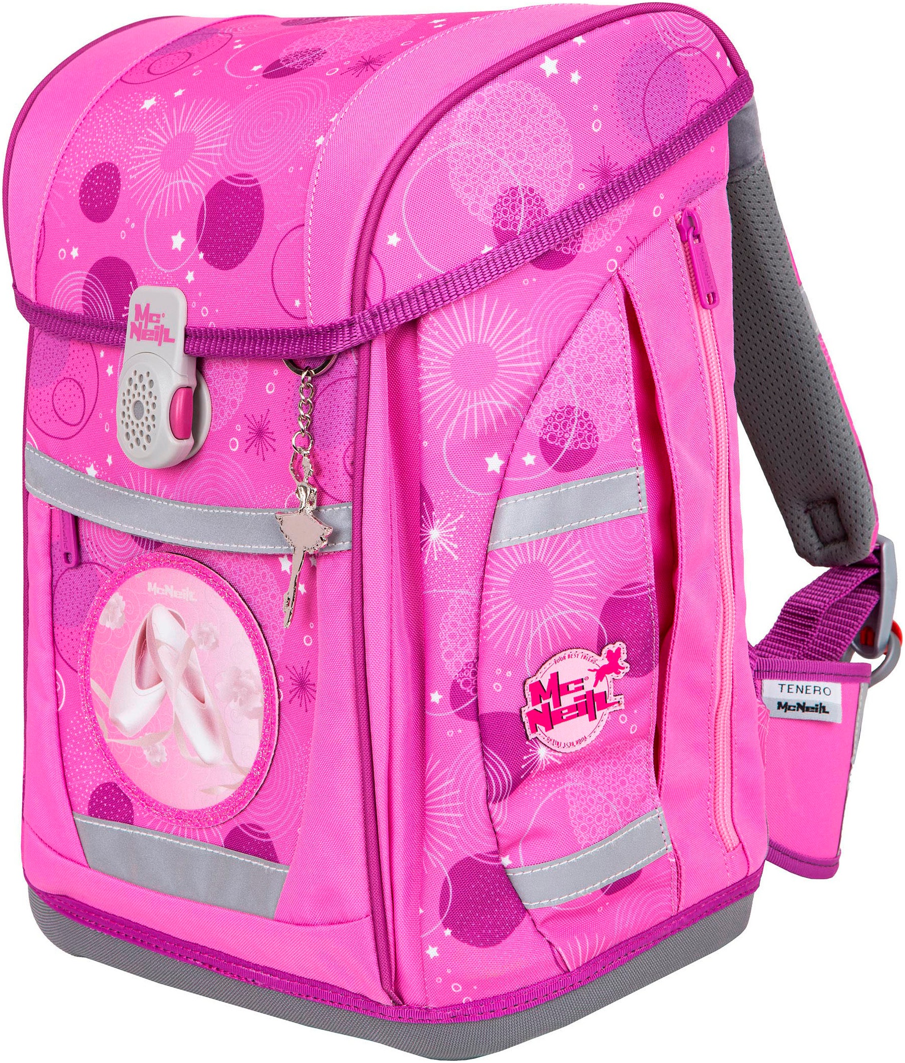 McNeill Schulranzen »Tenero, Pinky«, reflektierende Streifen auf den Schultergurten-retroreflektierende Flächen, inkl. Federmäppchen, Turnbeutel, Schlamperrolle & Motivmagnet