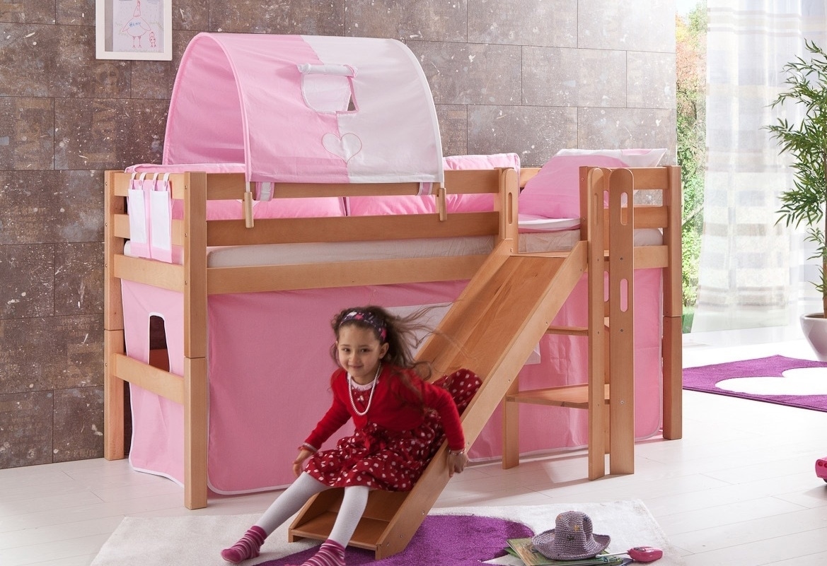 Relita Hochbett »Eliyas«, inkl. Rolllattenrost, mit Leiter, Rutsche u. Textilset, massiv Buche