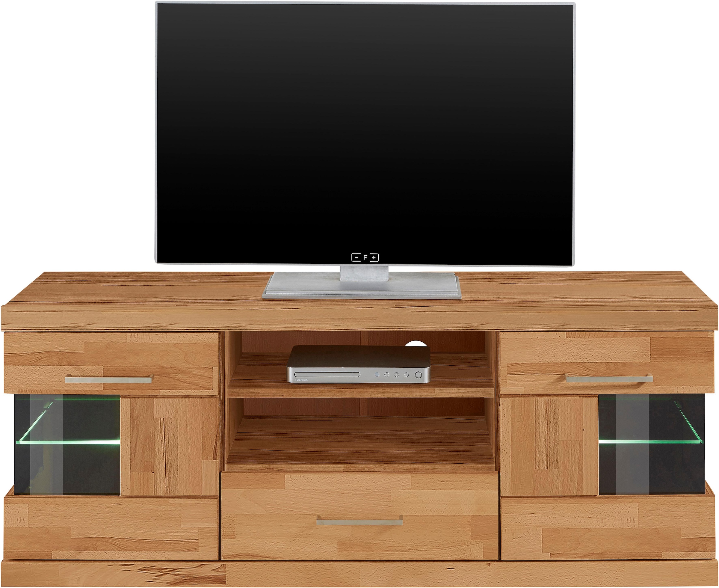 Home affaire Lowboard »Ribe,140cm breit, Fronten Massivholz,6 Fächer,Kabeldurchführung«, Korpus Holzwerkstoff,Glaseinsatz aus gehärtetem Glas,Böden versetzbar