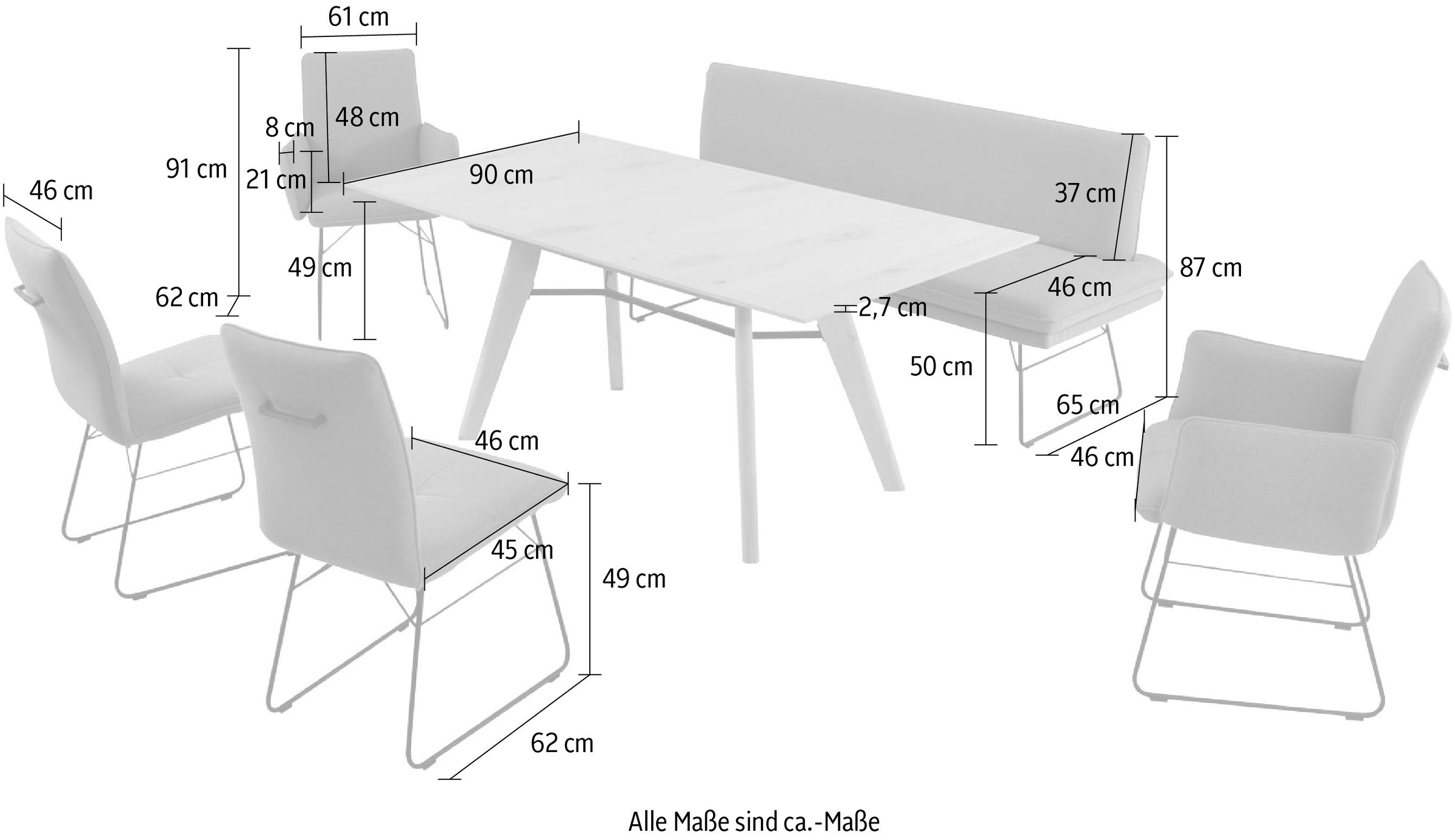 K+W Komfort & Wohnen Essgruppe »Giacomo IV«, (6 tlg.), Polsterbank in 2 Größen, 2 Kufenstühle, 2 Armlehnenstühle und 1 Tisch