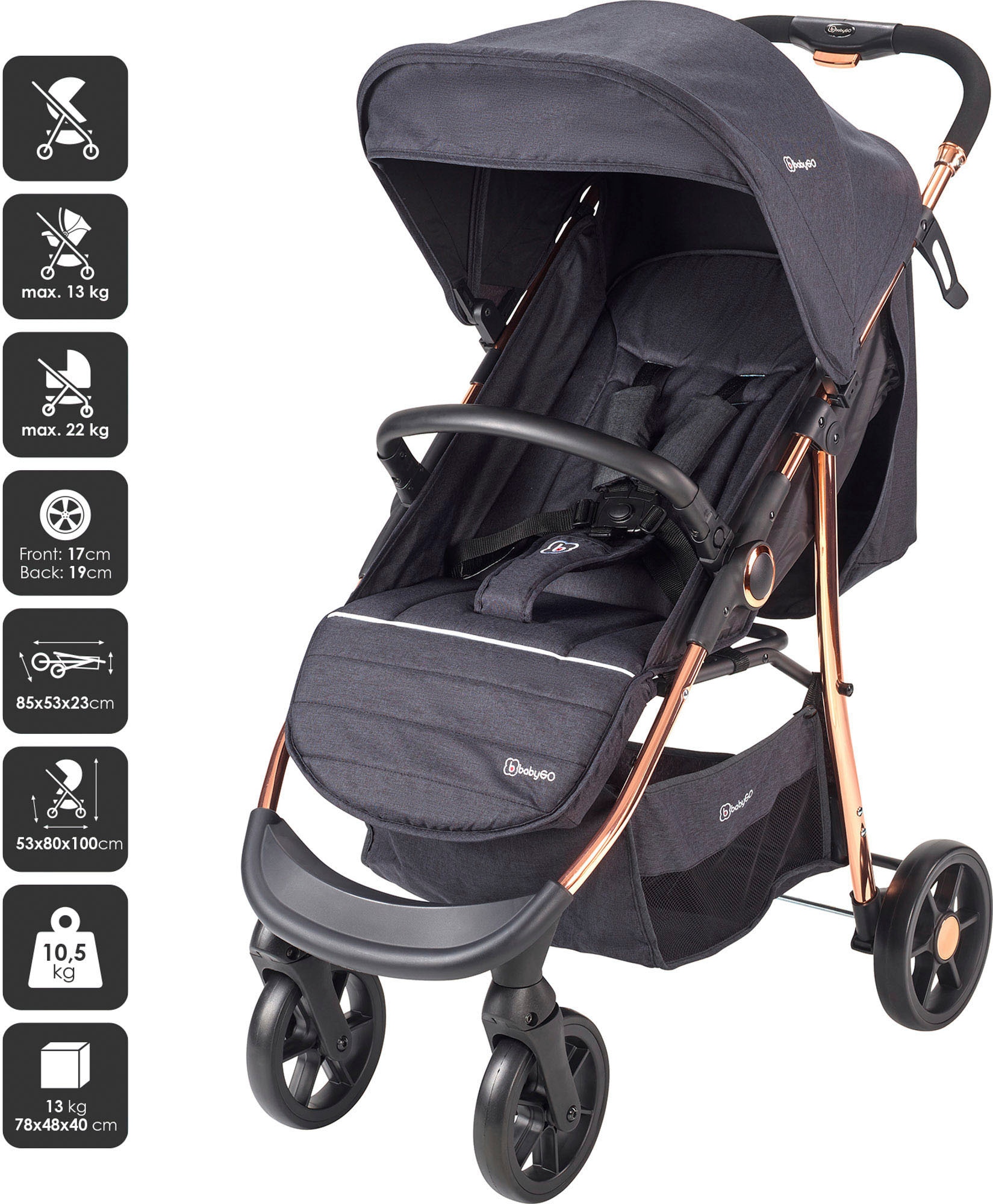 BabyGo Kombi-Kinderwagen »Style - 3in1, rosegold/black«, inkl. Babyschale mit Adaptern u. Wickeltasche