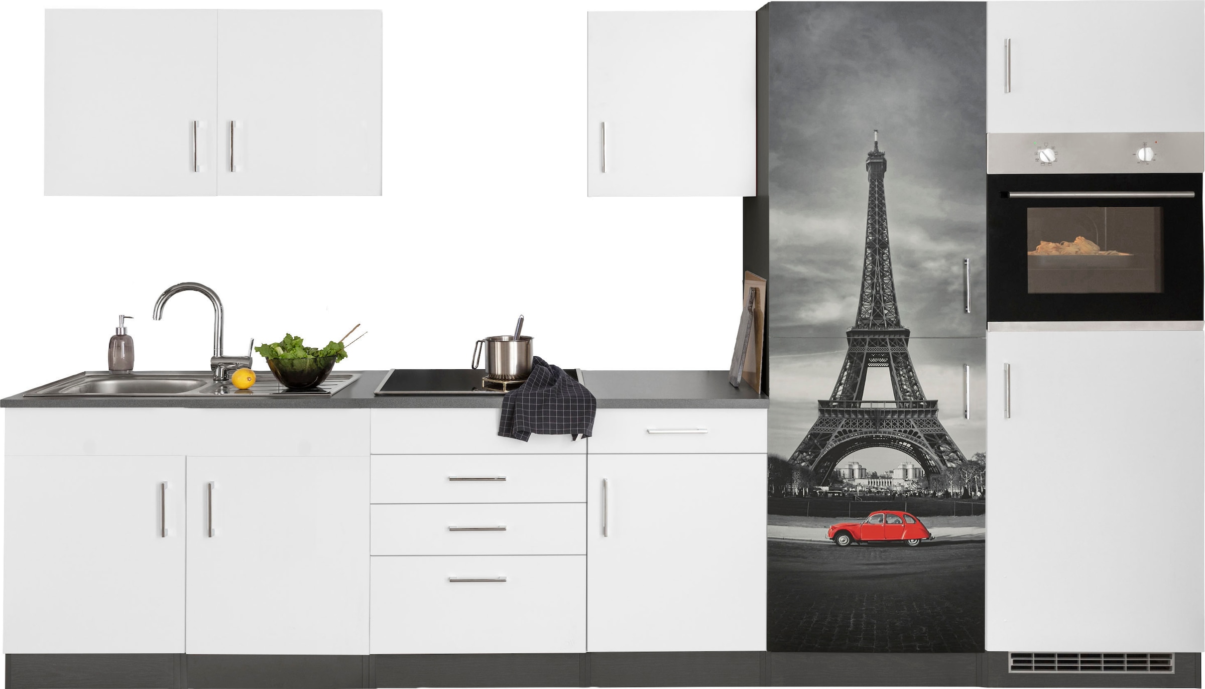KOCHSTATION Küchenzeile "KS-Paris – Küchen mit einzigartigen Fotomotiven auf den Fronten" Breite 330 cm, wahlweise mit E-Geräten und Induktion