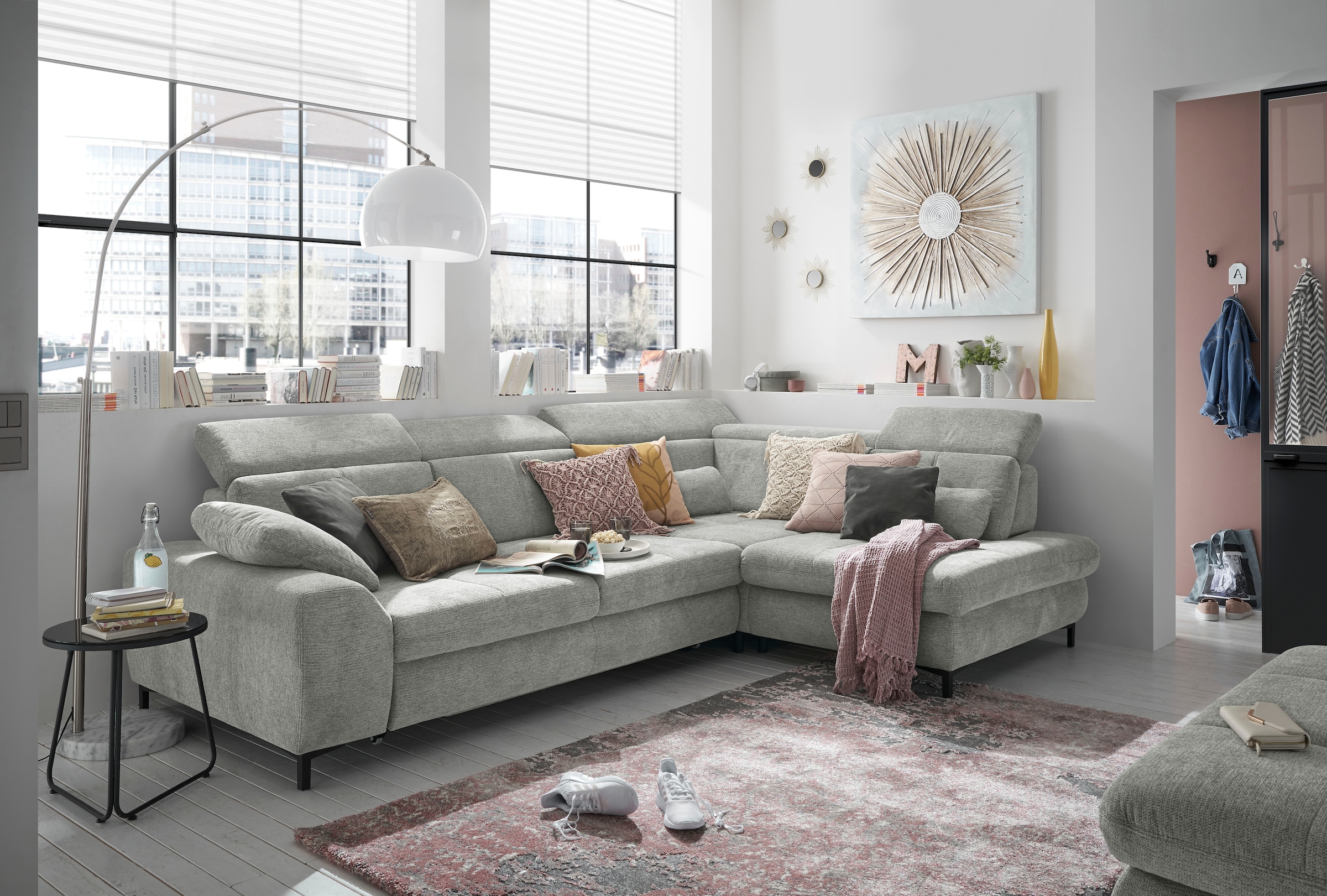 set one by Musterring Ecksofa »SO 3400 Sitzhöhe 47cm oder 49cm, Sitztiefe verstellbar, B/T 317/220 cm«, Kaltschaumpolsterung, Flachgewebe, whlw. mit Funktionen, Sitzhöhe 49