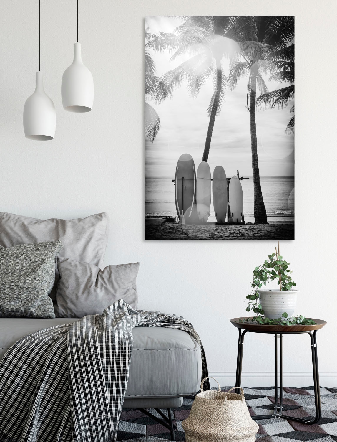 queence Acrylglasbild »Surfboards«, Kunst-Schwarz-Weiß-Strand-Palmen-Strandbilder, Fine Art-Print in Galeriequalität