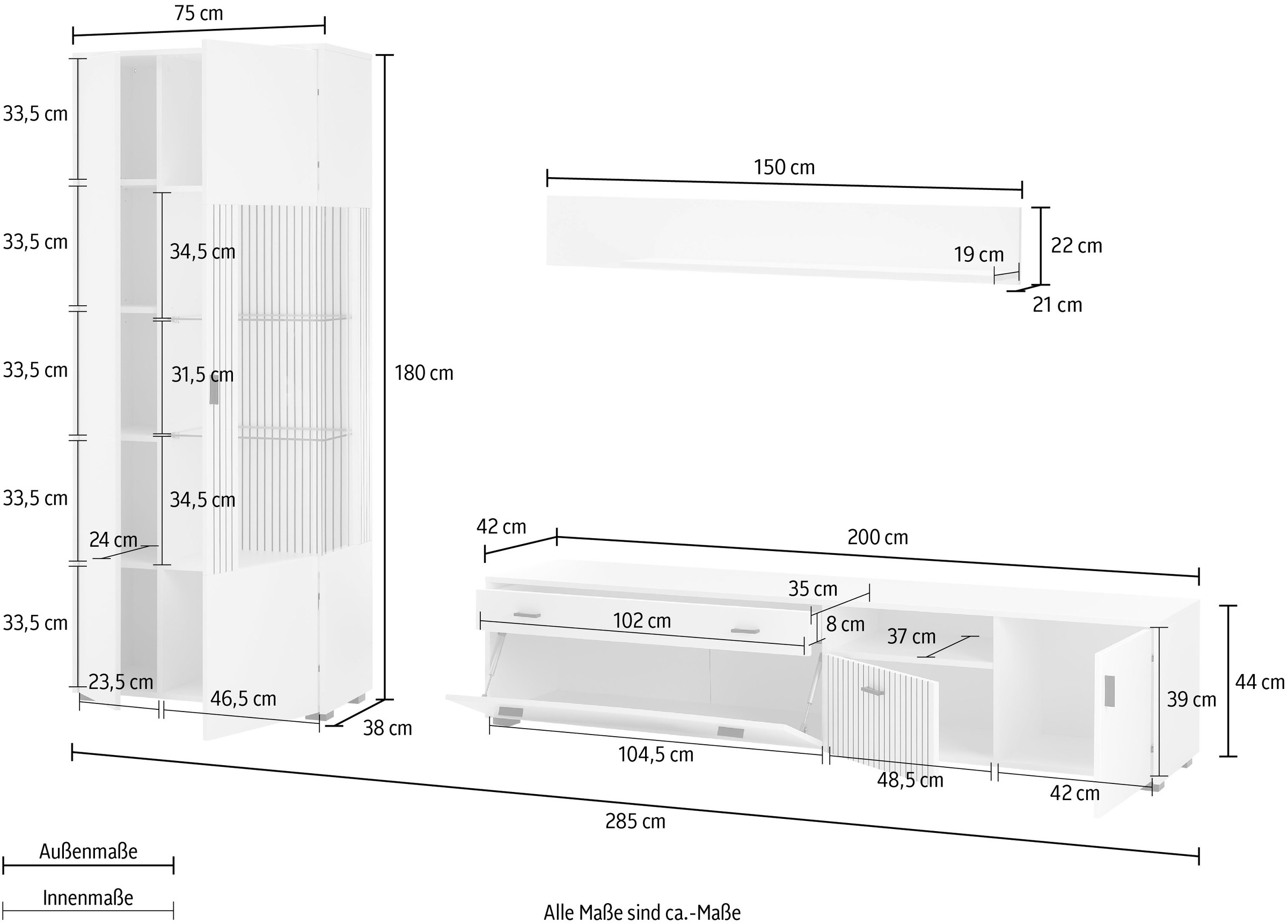 INOSIGN Wohnwand »HUDSON«, (Set, 3 St.), mit moderner Rillenoptik, Griffe aus Metall (Schwarz), Breite 285 cm