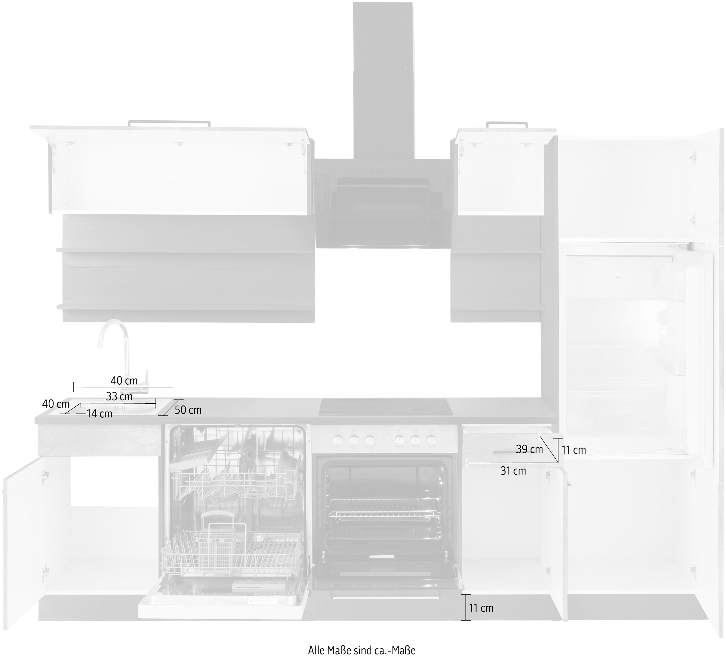 KOCHSTATION Küchenzeile »KS-Tulsa«, ohne E-Geräte, Breite 270 cm, schwarze Metallgriffe, MDF Fronten