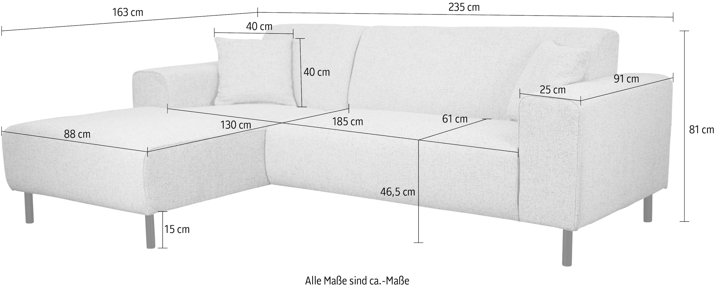 Home affaire Ecksofa »ARROS L-Form mit Wellenunterfederung, Maße B/T/H: 235/163/81 cm«, incl. Zierkissen, mit Recamiere rechts/links bestellbar, auch in Cord