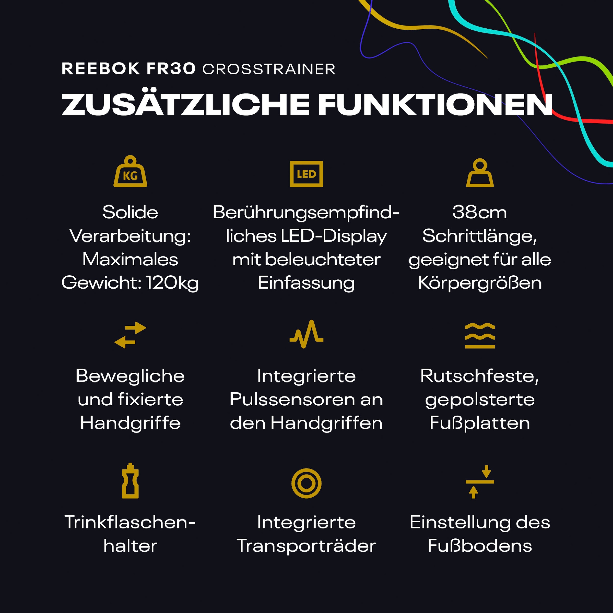 Reebok Crosstrainer-Ergometer »FR30«, (mit Tablet-Halterung und integr. Pulsempfänger), Schwungmasse ca. 4 kg, 18 Widerstandsstufen