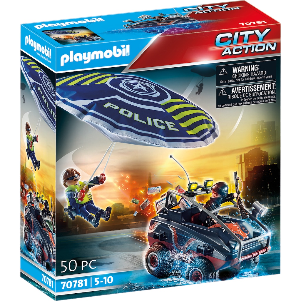 Playmobil® Konstruktions-Spielset »Polizei-Fallschirm: Verfolgung des Amphibien-Fahrzeugs (70781)«, (80 St.)