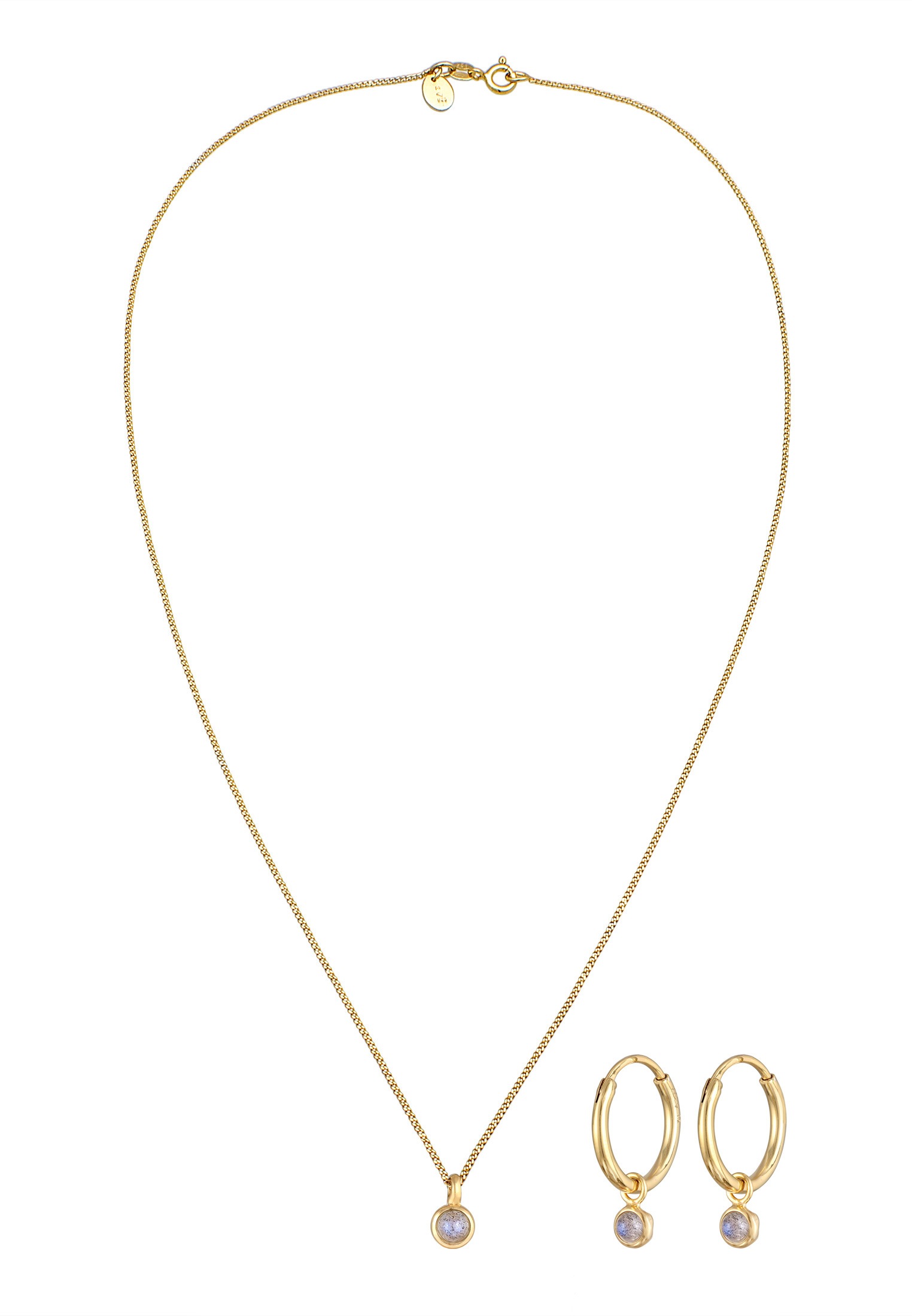 Elli Premium Ohrring und Ketten Set »Schmuckset Kette Creolen Labradorite Stein 925 Silber vergoldet« ()