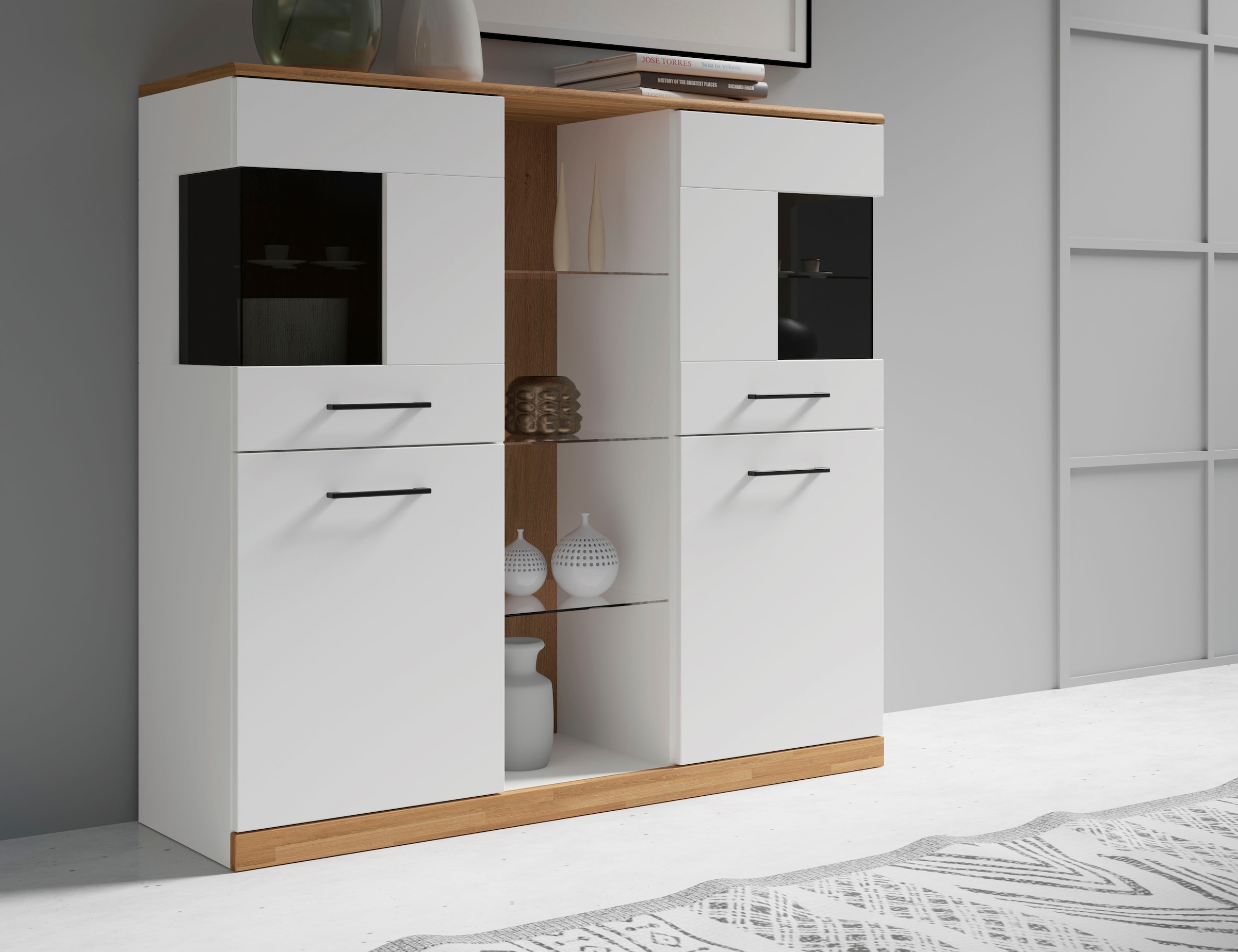 Home affaire Highboard »Ribe,120cm breit,112cm hoch,Oberplatte massiv,12 Fächer«, Oberplatte Massivholz,schwarze Metall Griffe,2 Türen mit Glaseinsatz