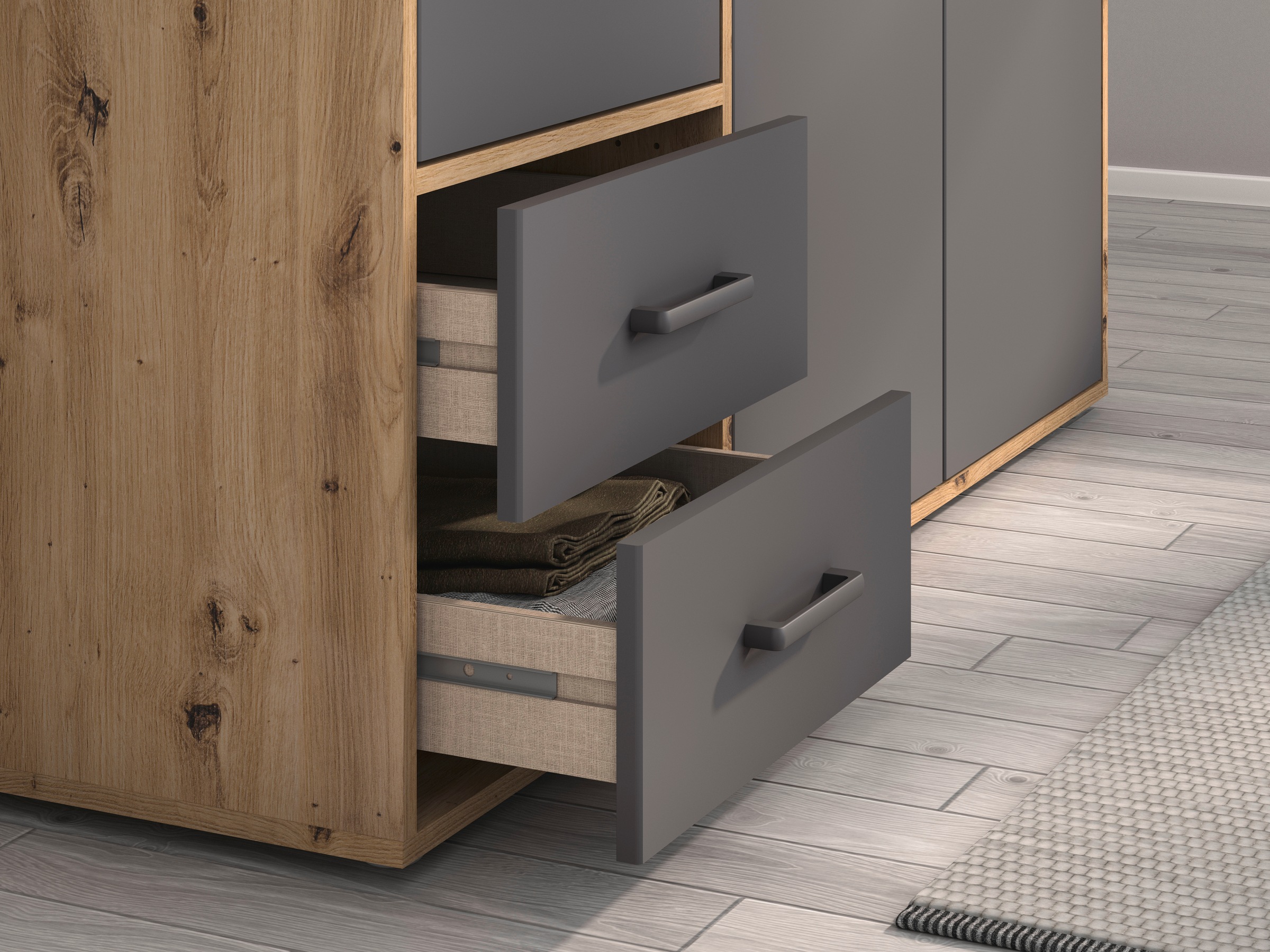 rauch Drehtürenschrank »Kleiderschrank Schrank Garderobe Wäscheschrank VOYAGER«, (in 3 verschiedenen Ausstattungen BASIC/CLASSIC/PREMIUM), mit modernen Griffen in Graumetallic, inkl. Schubkästen und Spiegel
