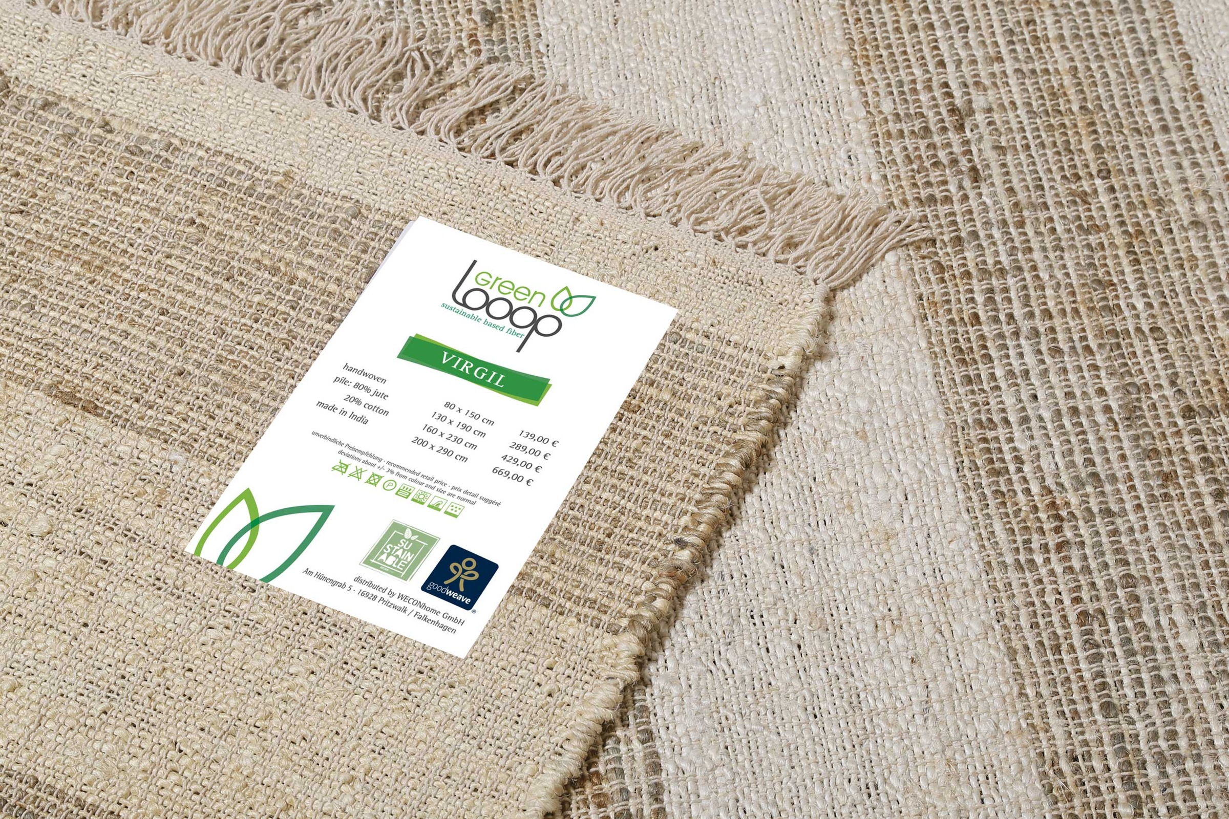 Green Looop Teppich »Virgil«, rechteckig, 4 mm Höhe, Naturfaser Teppich aus 80% Jute 20% Baumwolle, mit Fransen, Wohnzimmer