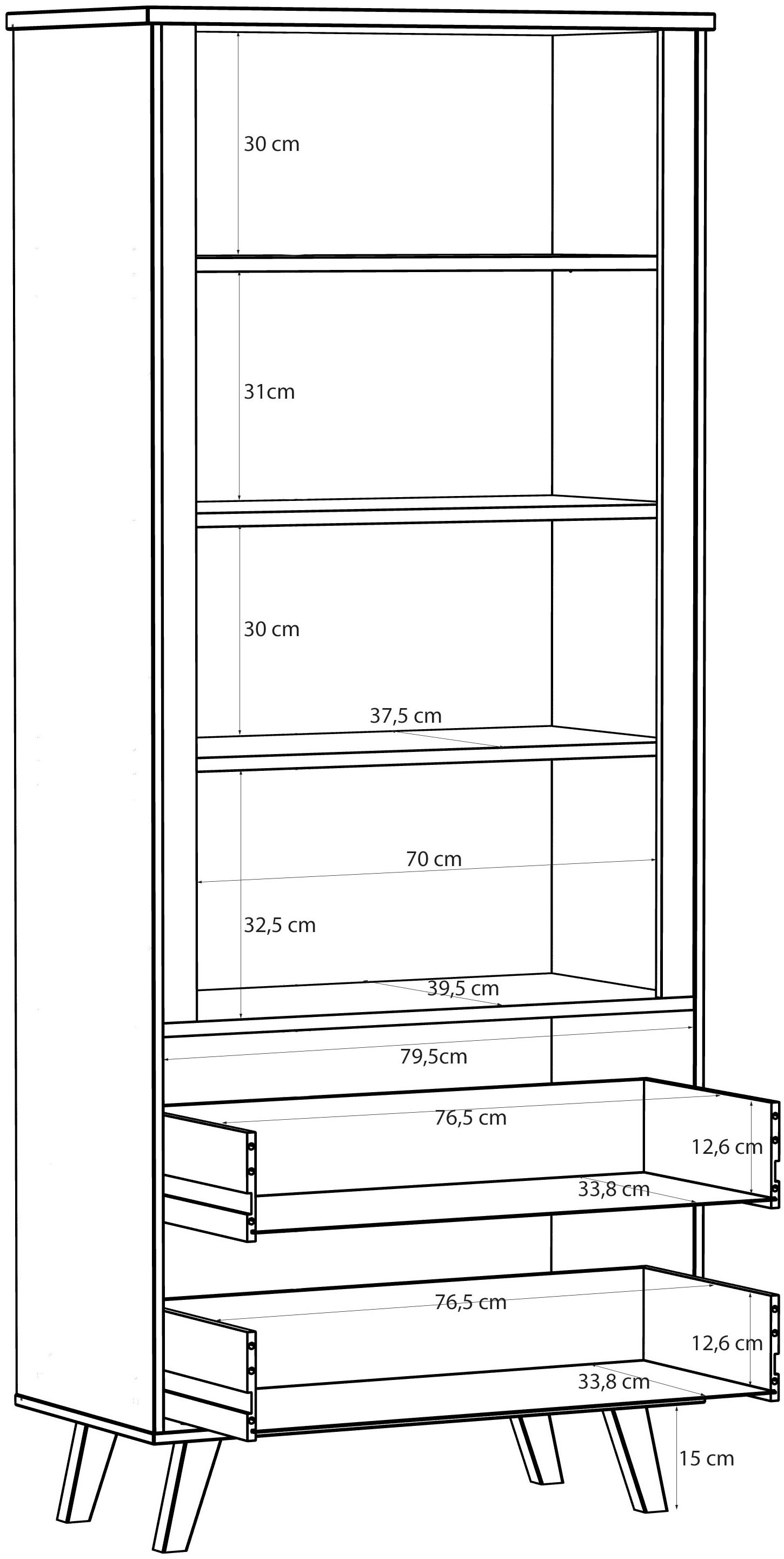 FORTE Wandregal »Vankka Regal 2 Schubkästen«, (B/H/T 84,7/201,5/41,7 cm), Regal, Holzfüße, Einlegeböden variabel, 2 Schubkästen