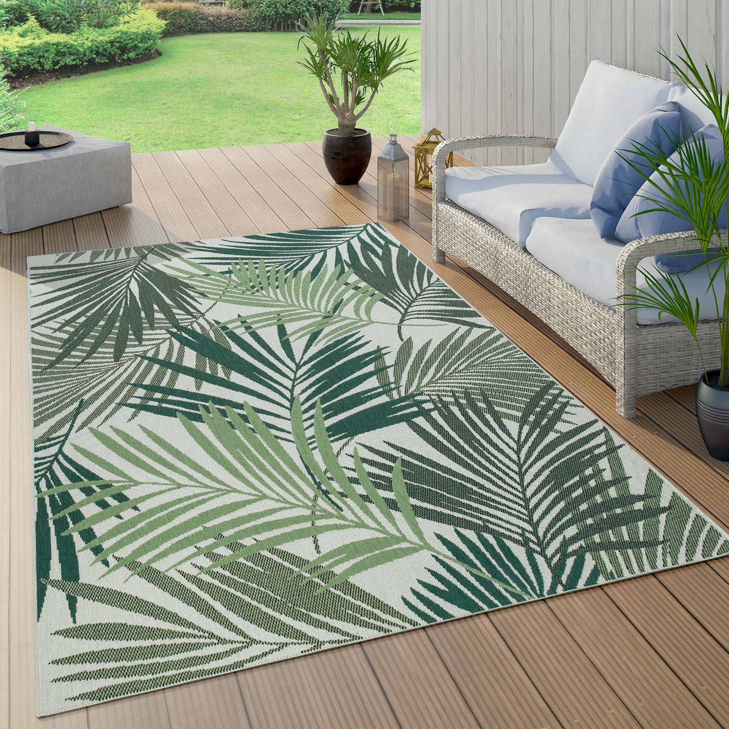 Paco Home Teppich »Ostende Outdoor Wohnzimmer geeignet, Motiv Flachgewebe, 547«, Palmenblätter, kaufen rechteckig, In- online und