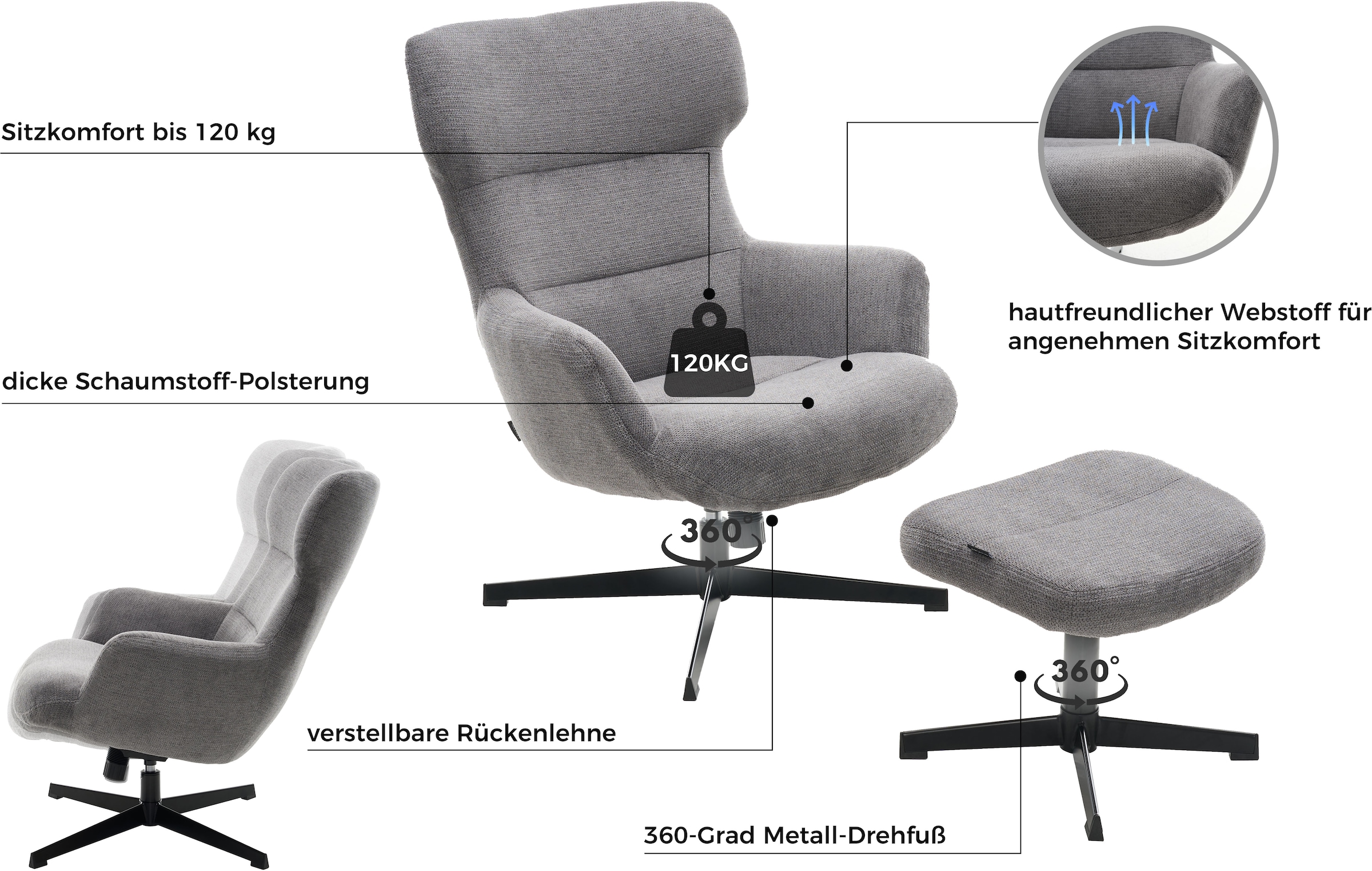 Home affaire Sessel »Clara Relaxsessel, TV-Sessel mit Hocker«, 360° Grad drehbar