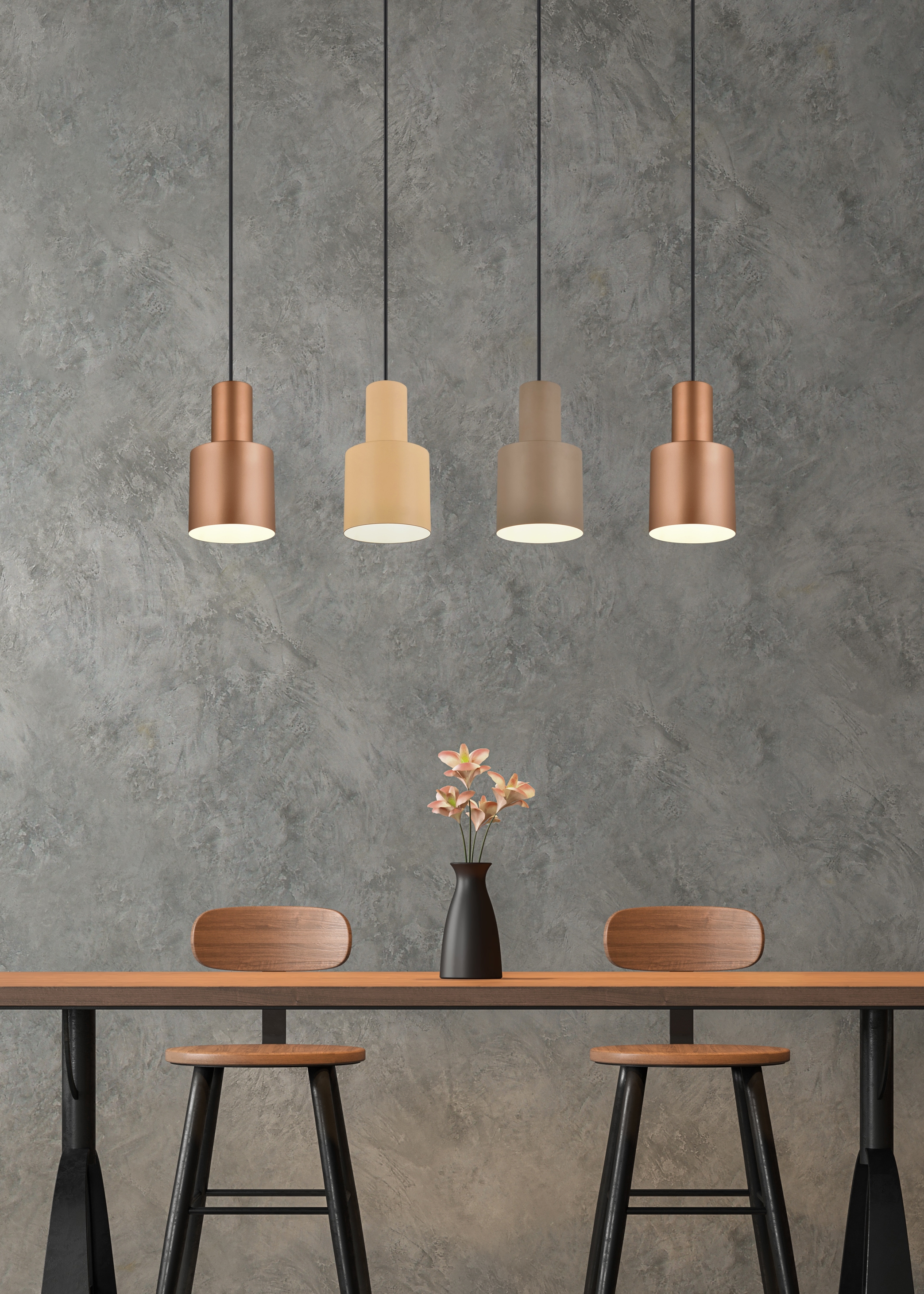 TRIO Leuchten Pendelleuchte »AGUDO, Hängelampe 4-flammig exkl 4xE27 max 40W höhenverstellbar«, 4 flammig, Leuchtmittel E27 | Leuchtmittel wechselbar, mehrfarbige Lampenschirme in beige taupe & coffee, Esszimmerlampe