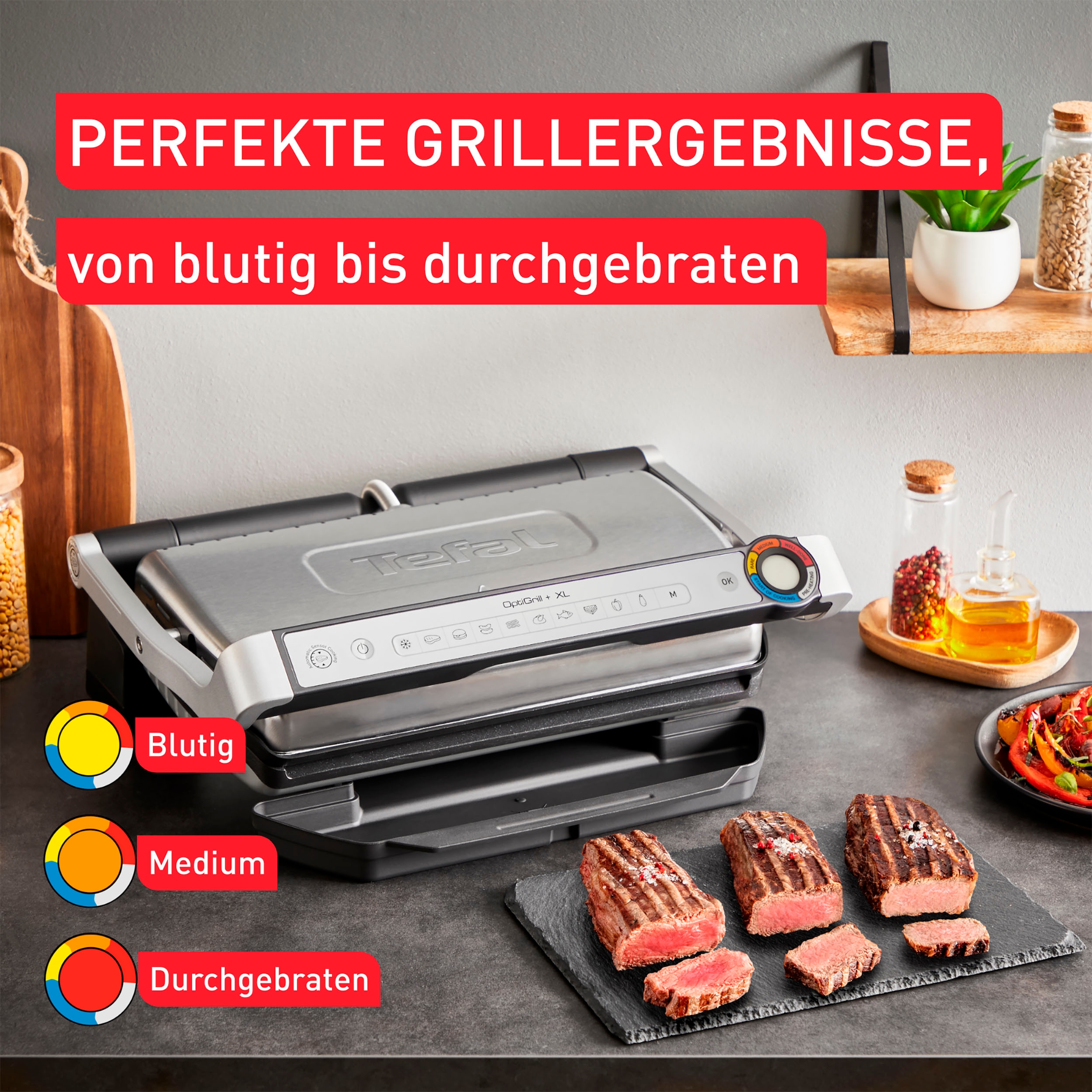 Tefal Kontaktgrill »GC727D OptiGrill+ XL«, 2000 W, erneuerte Kochstufenanzeige, manuelles + 9 Automatikprogramme