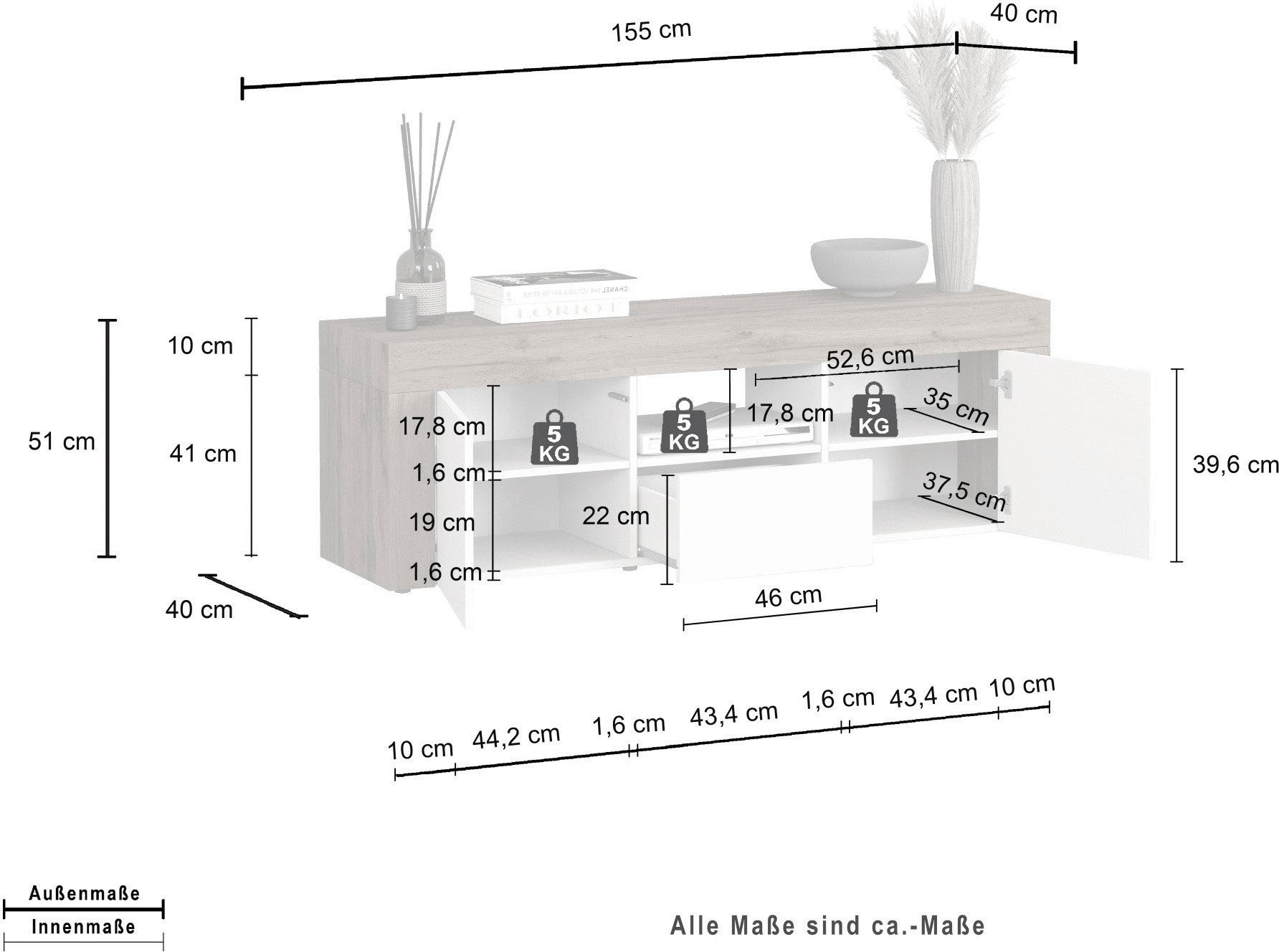 INOSIGN Lowboard »CHRONOS Breite 155 cm mit 2 Türen, 1 Schublade,1 offenes Fach« 1 Stk. tlg. TV-Board, Sideboard niedrig, Grifflos mit Push to Open 'Made in Italy'