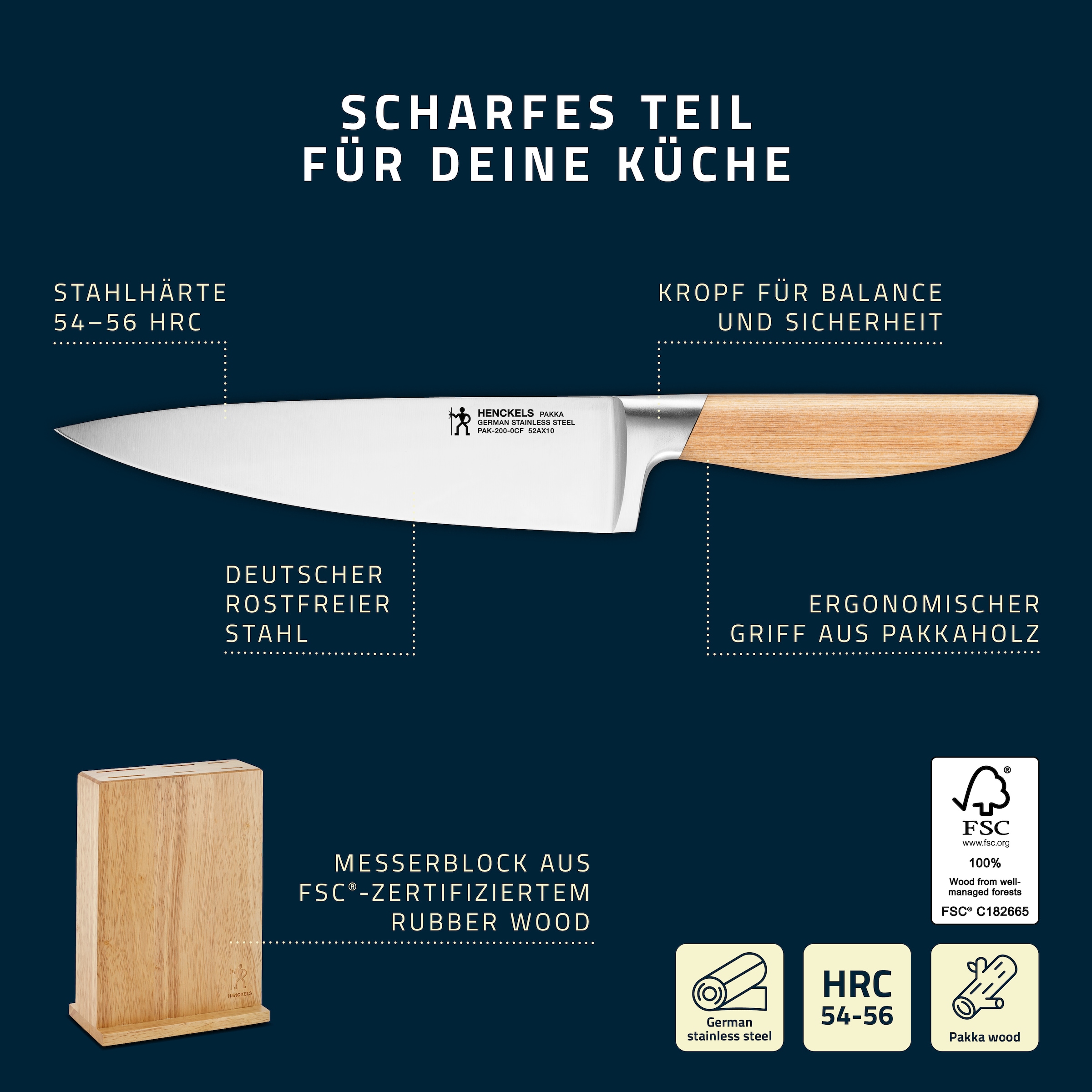 HENCKELS by ZWILLING Messerblock »Pakka« 7 Pakka-Holz-Griffe, Rostfreie Klingen