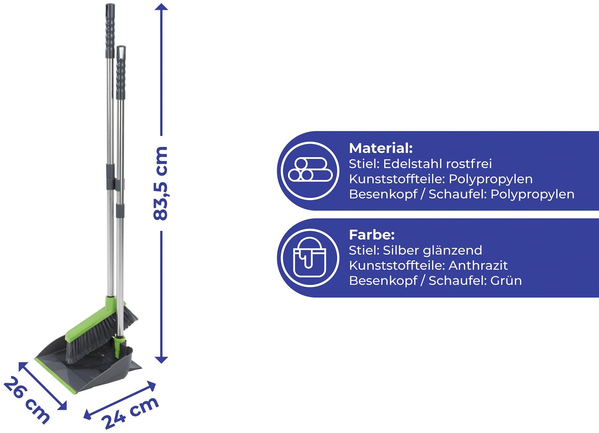 Maximex Kehrgarnitur, Komplett-Set, 2 St., aus Edelstahl, klappbares Handfeger Set mit langem Teleskop-Stiel, rückenschonend
